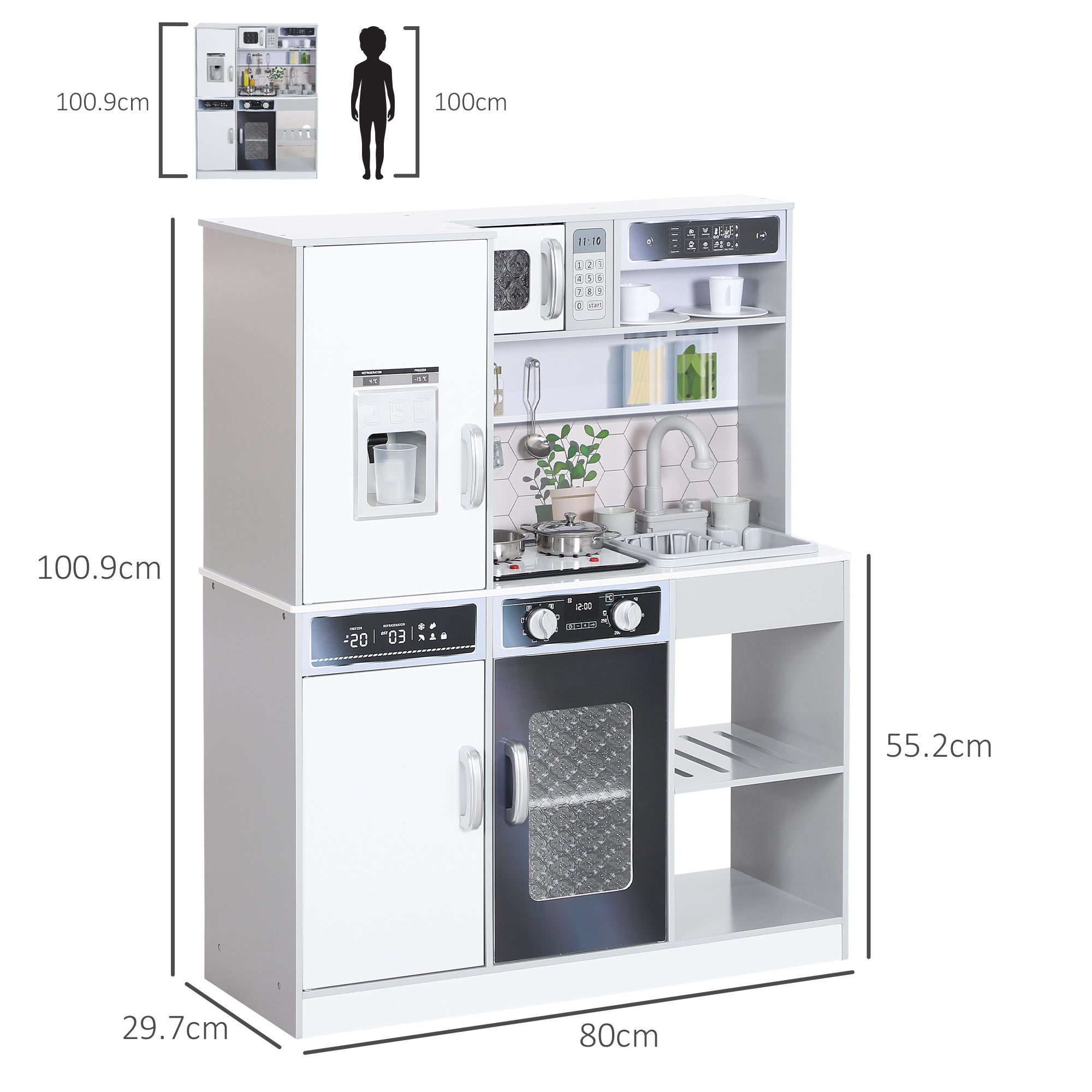 AIYAPLAY Pretend Play Toy Kitchen, Kids Kitchen Playset w/ Sounds and Lights Running Water, Coffee Maker, Refrigerator - North Peak Garden Furniture