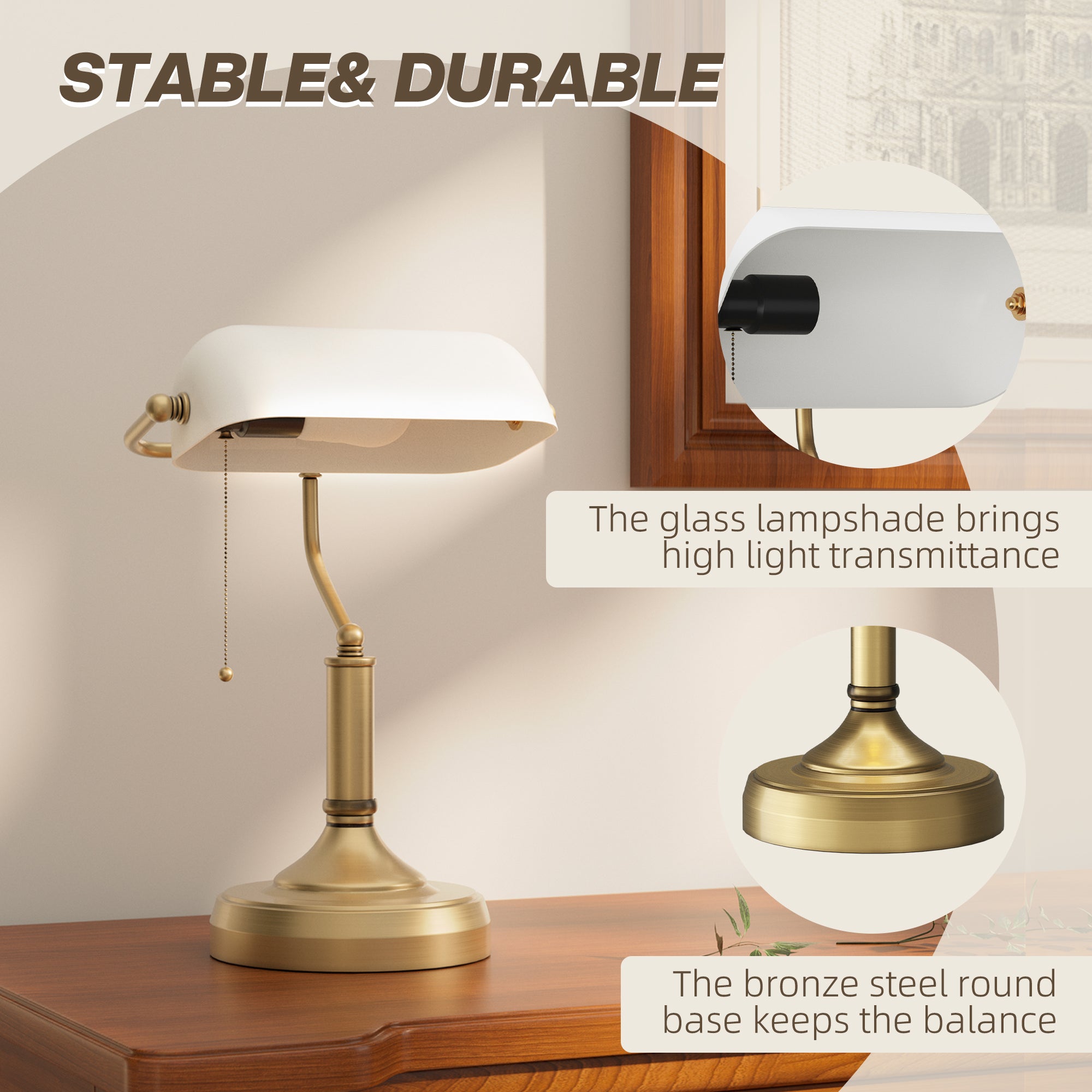 HOMCOM Banker's Desk Lamp with Antique Bronze Tone Base, Table Lamp with White Glass Shade for Home Office, White - North Peak Garden Furniture