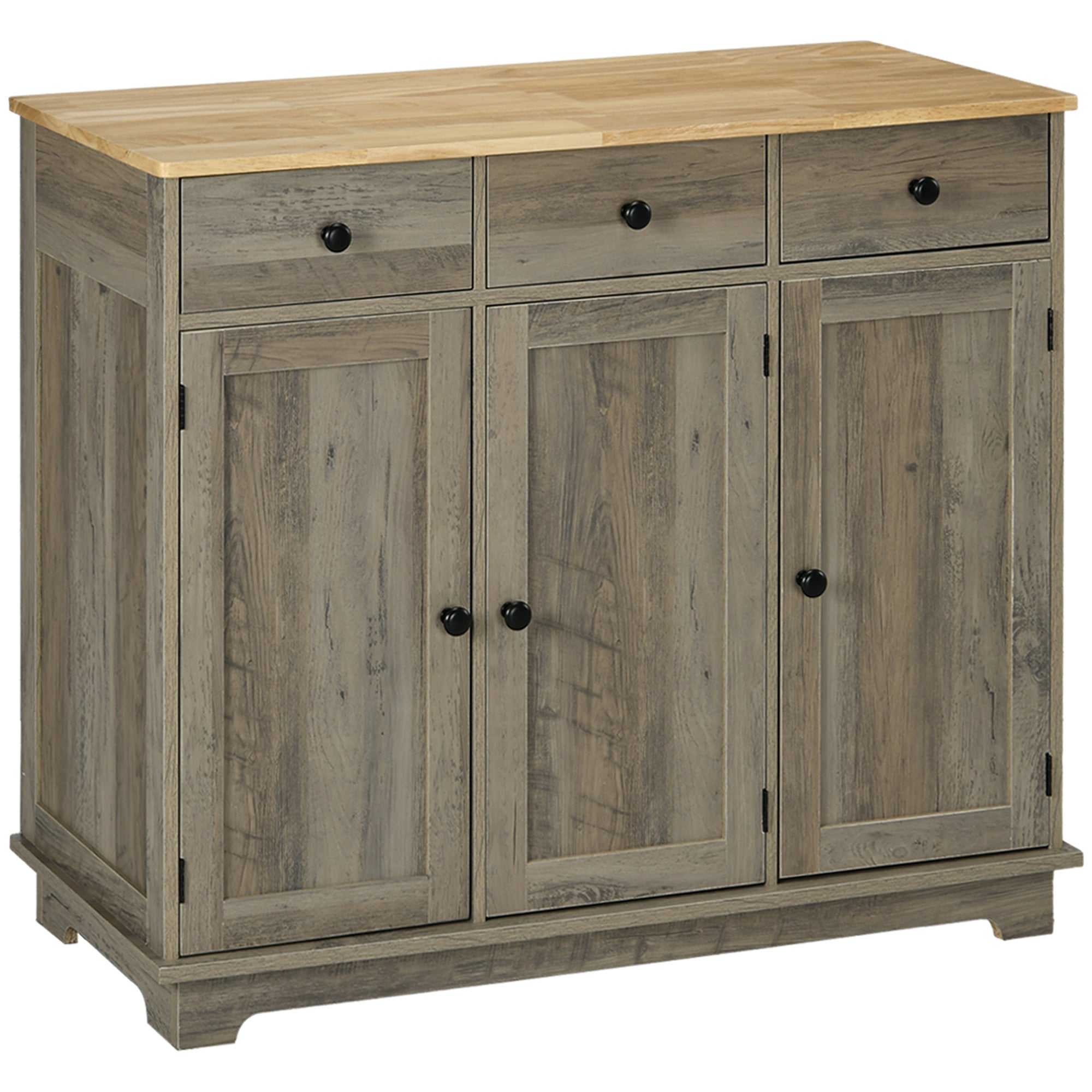 HOMCOM Modern Sideboard with Rubberwood Top, Buffet Cabinet with Storage Cabinets, Drawers and Adjustable Shelves for Dining Room, Kitchen, Grey Wood-Effect - North Peak Garden Furniture