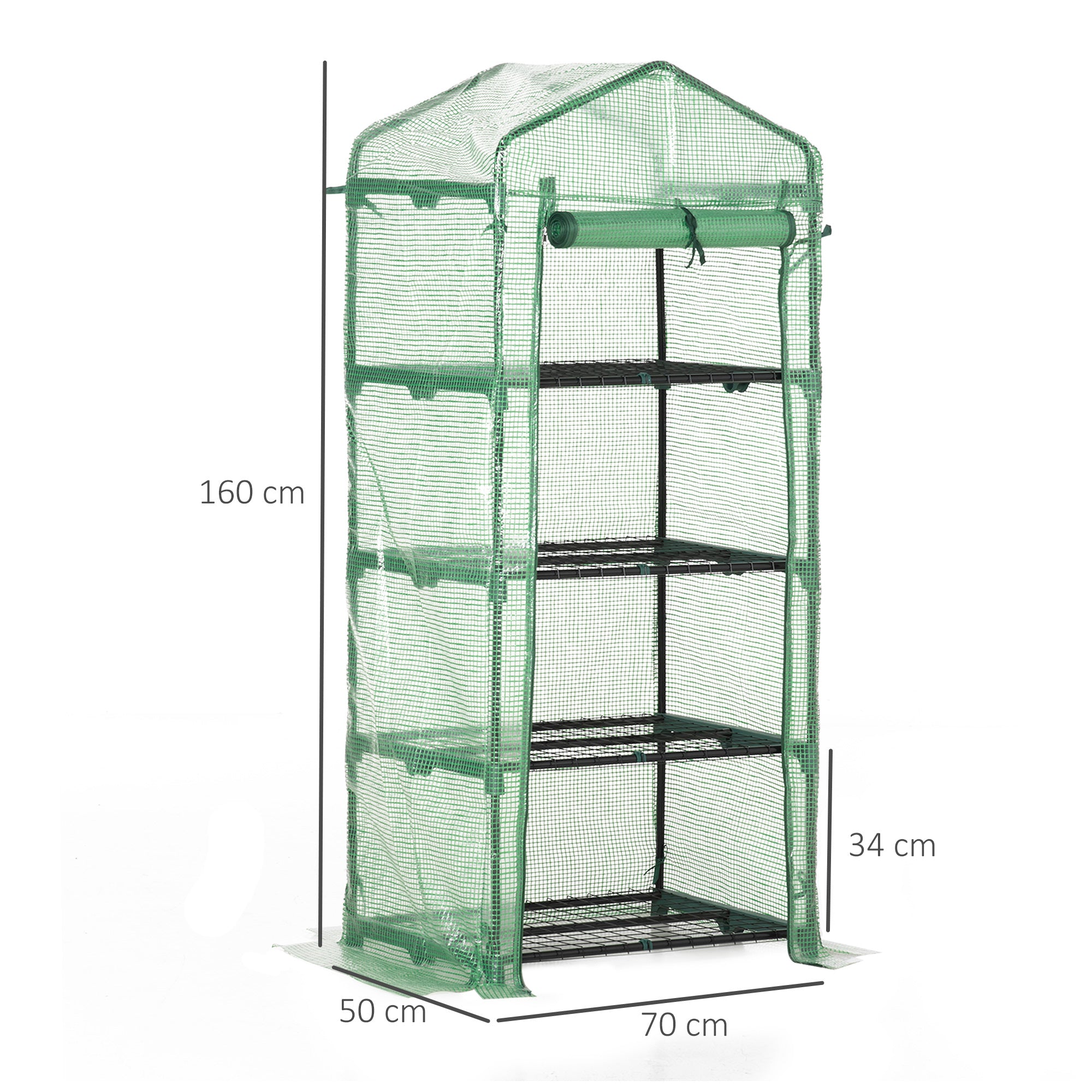 Outsunny 4 Tier Mini Greenhouse, Portable Compact Green House with Steel Frame, PE Cover, Roll-up Door, 70 x 50 x 160 cm, Green - North Peak Garden Furniture
