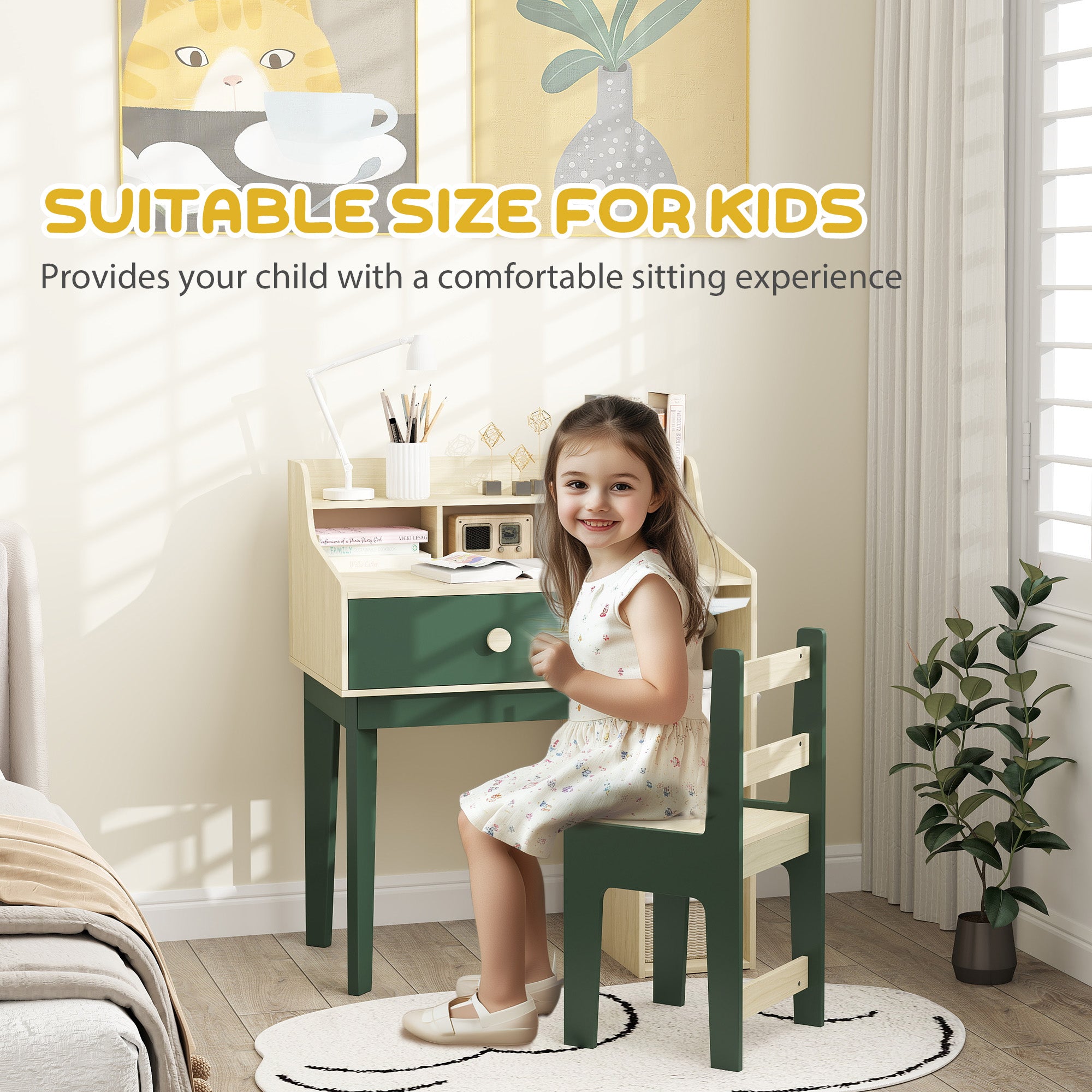 AIYAPLAY Kids Desk and Chair Set with Storage Shelves and Drawer, Green - North Peak Garden Furniture