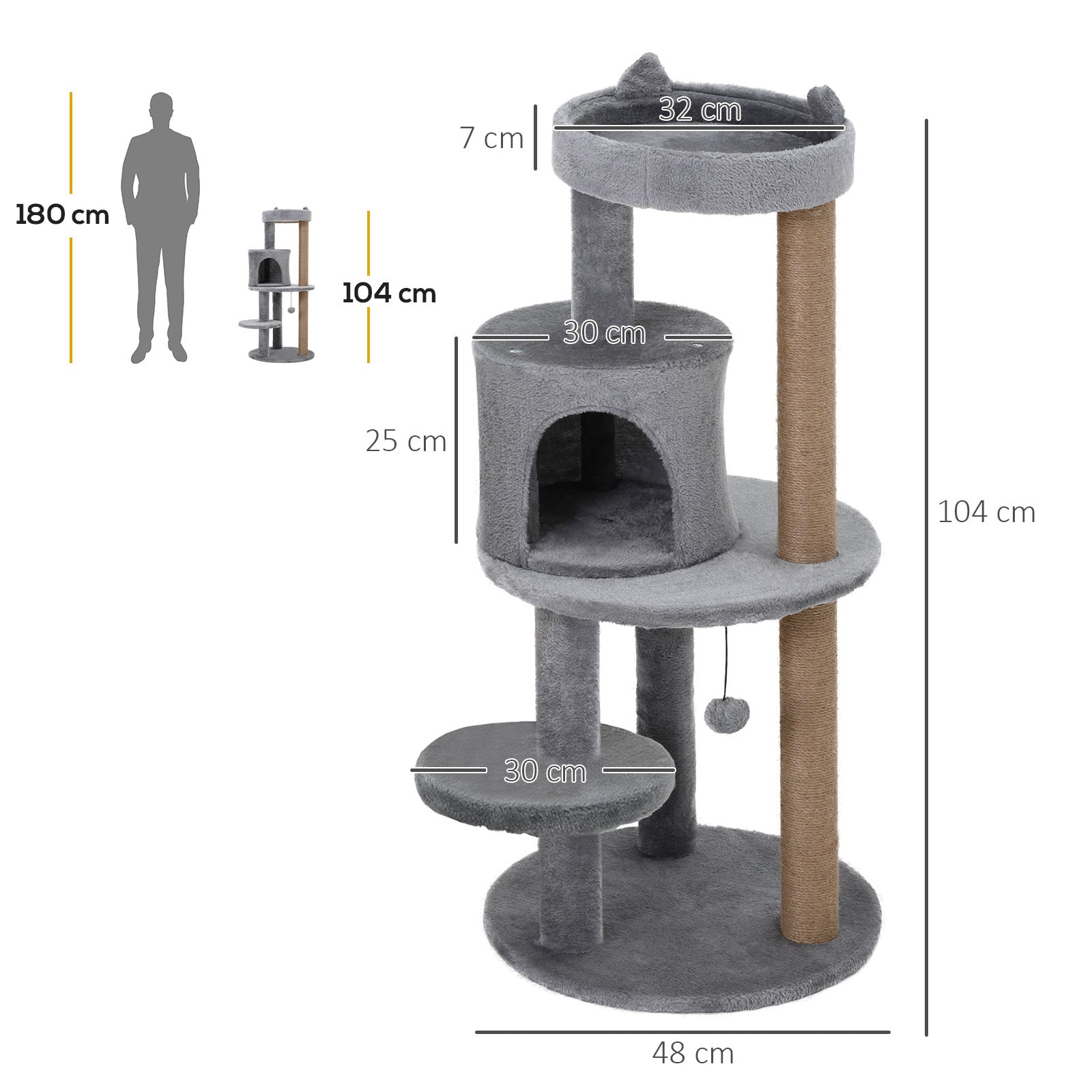 PawHut Deluxe Cat Tree with 3-Tier, Scratching Posts, Play Ball, and Plush Toy for Climbing and Relaxing, Grey