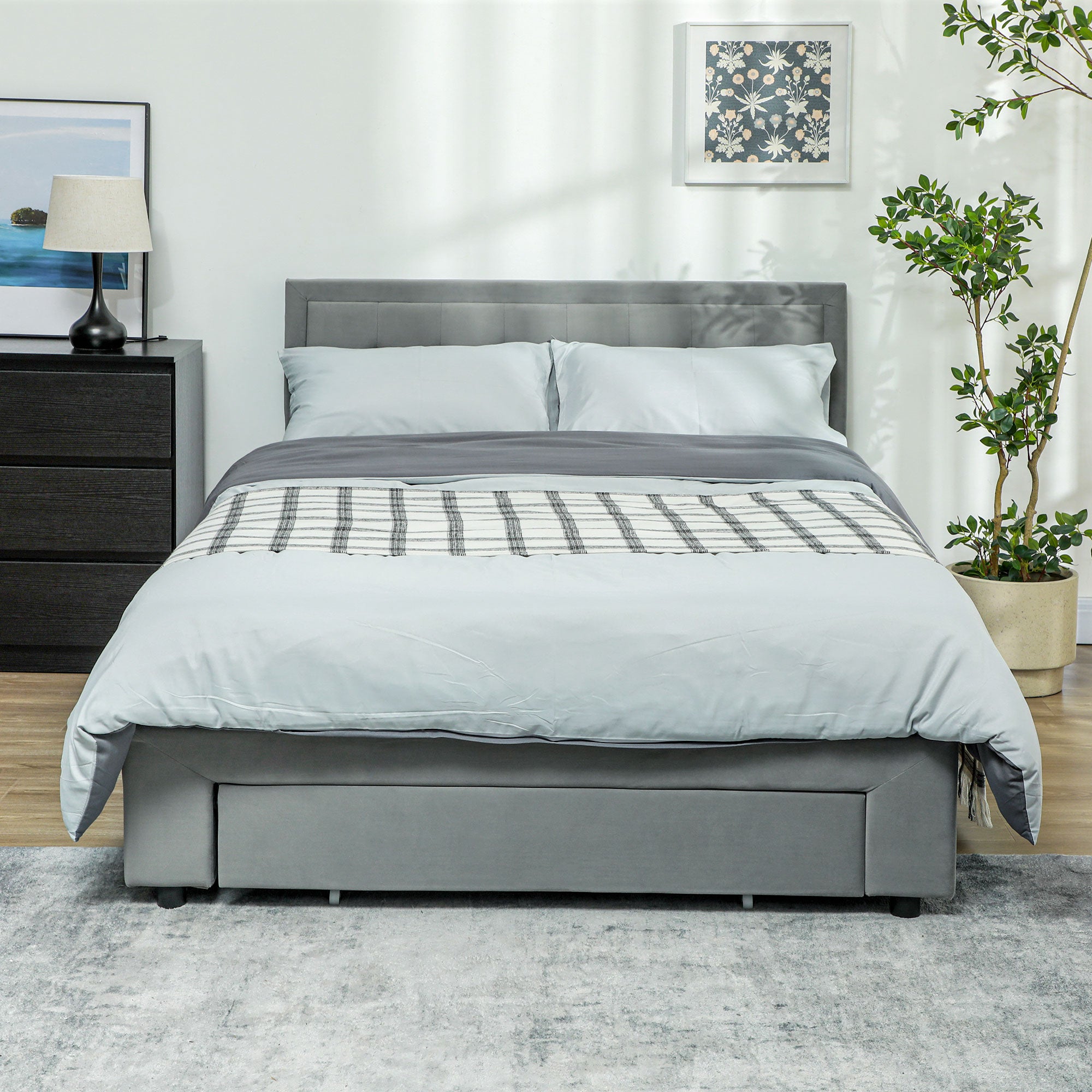 HOMCOM Double Size Ottoman Bed Frame, with Front Drawer - Grey - North Peak Garden Furniture
