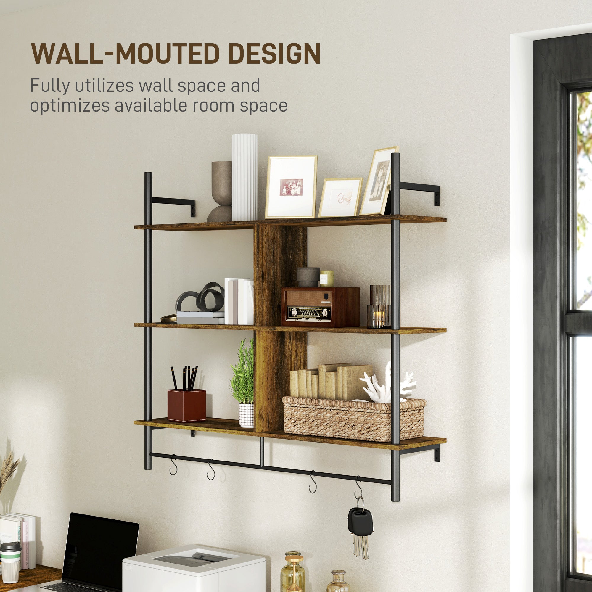 HOMCOM Three-Tier Floating Shelf - Brown/Black - North Peak Garden Furniture