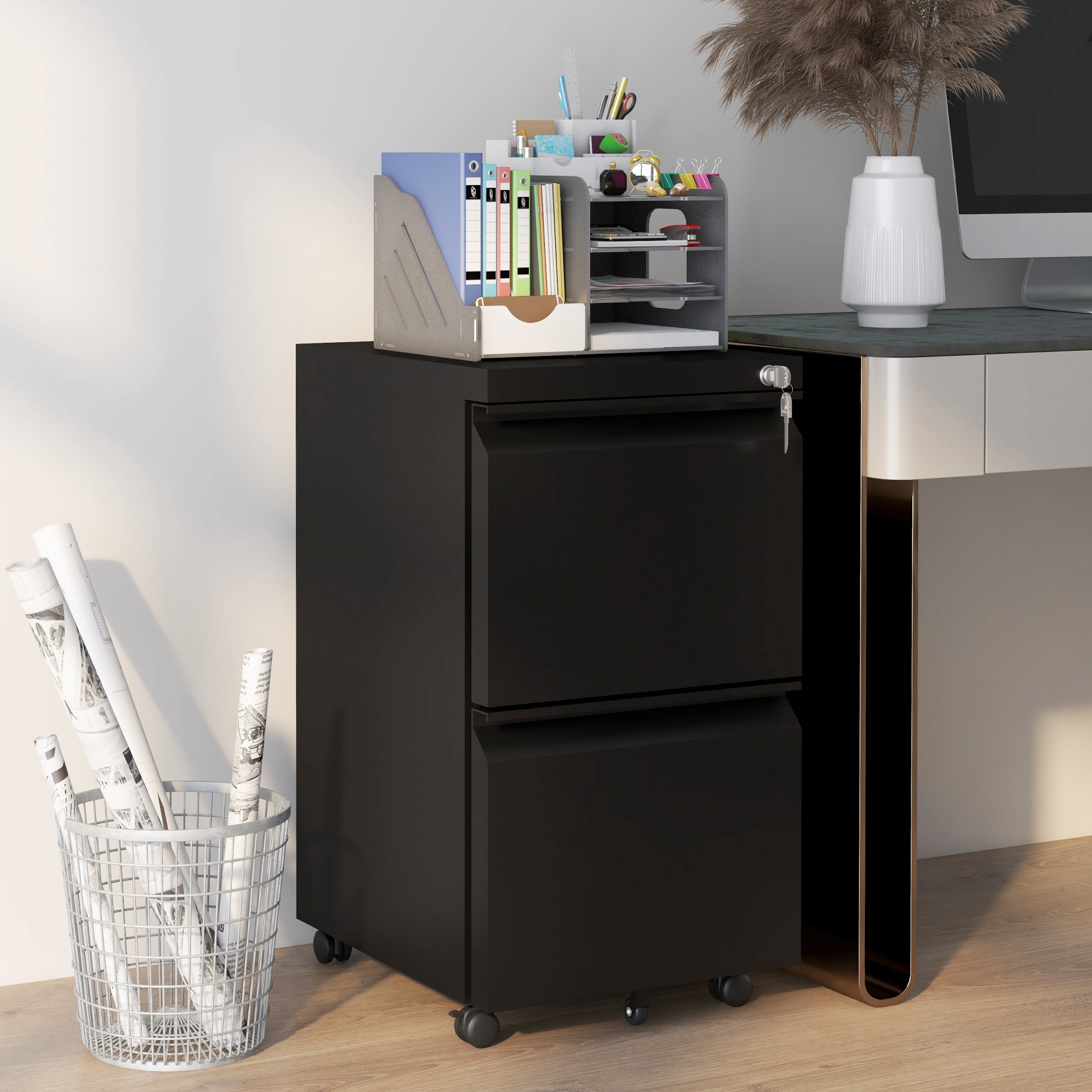 Vinsetto 2-Drawer Mobile Filing Cabinet, Steel Lockable File Cabinet for Letter, A4 and Legal Size, Pre-Assembled Body, Black - North Peak Garden Furniture