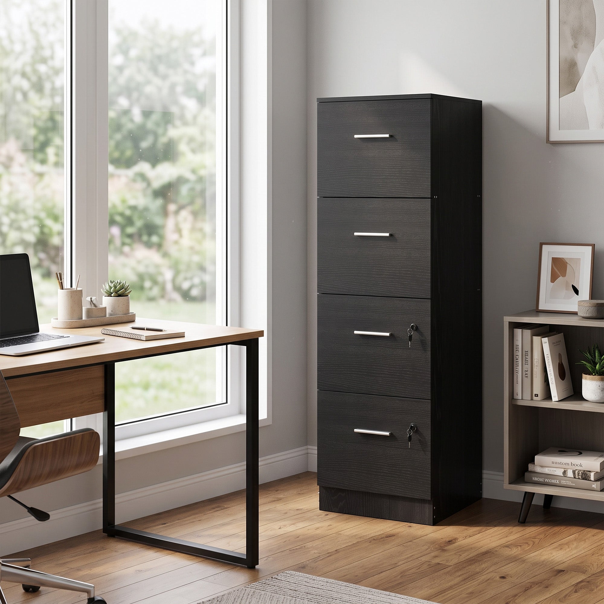 HOMCOM Four-Drawer Lockable Filing Cabinet - Black Wood Effect