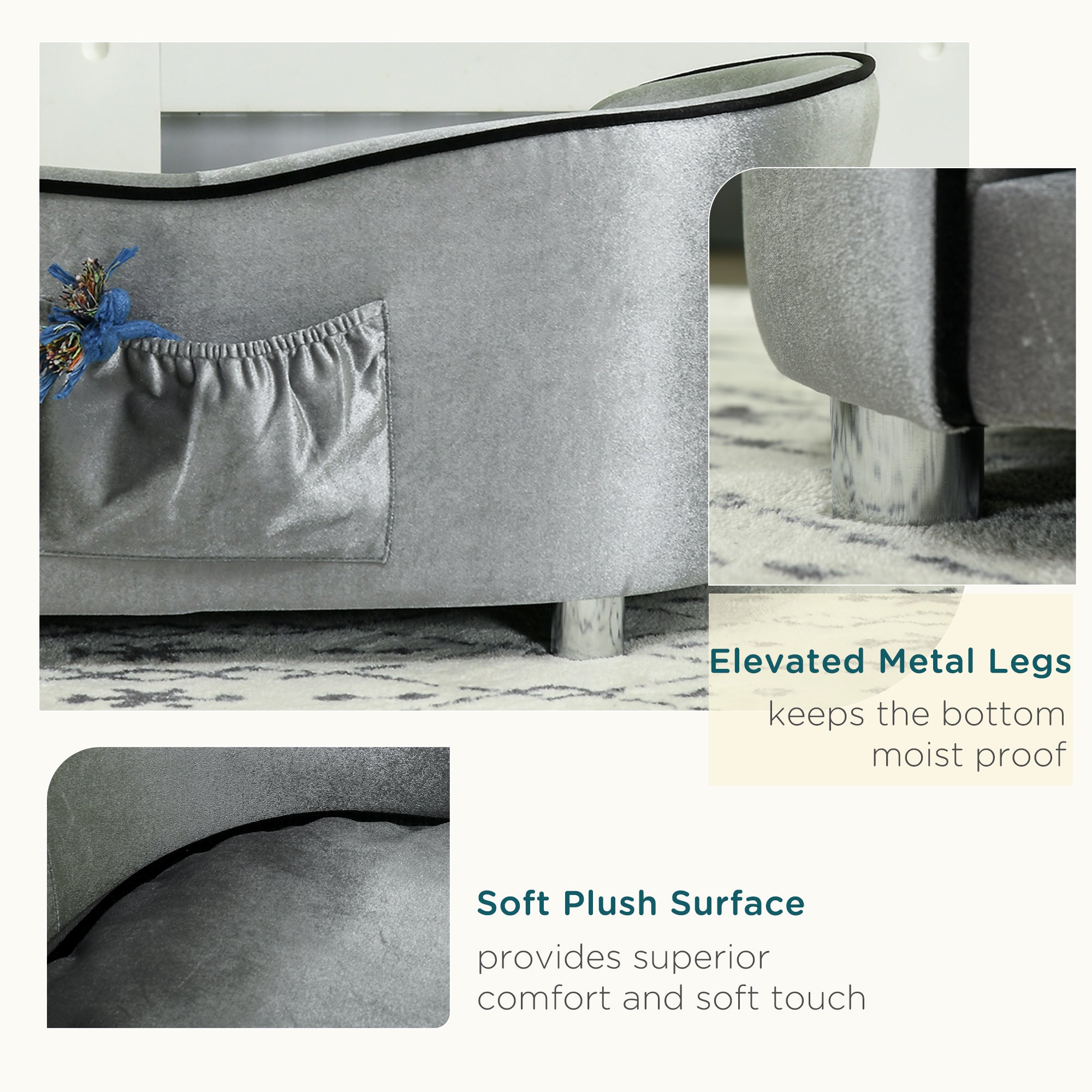 PawHut Dog Sofa Pet Chair, Kitten Bed Couch w/ Wooden Frame, Removable Cushion - Silver-Tone and Grey - North Peak Garden Furniture