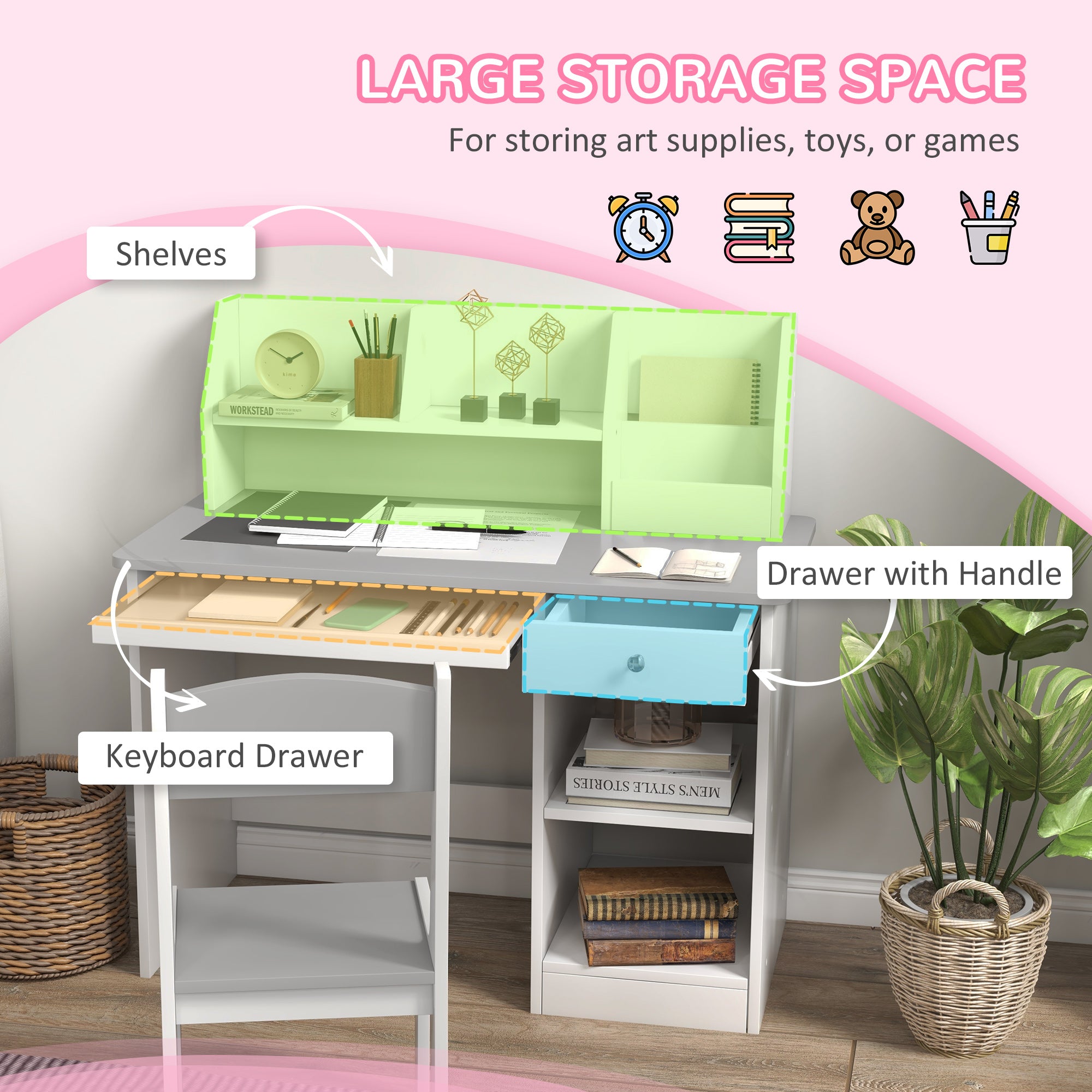 ZONEKIZ Two-Piece Kids Desk and Chair Set with Storage, for Ages 5-8 Years - Grey - North Peak Garden Furniture