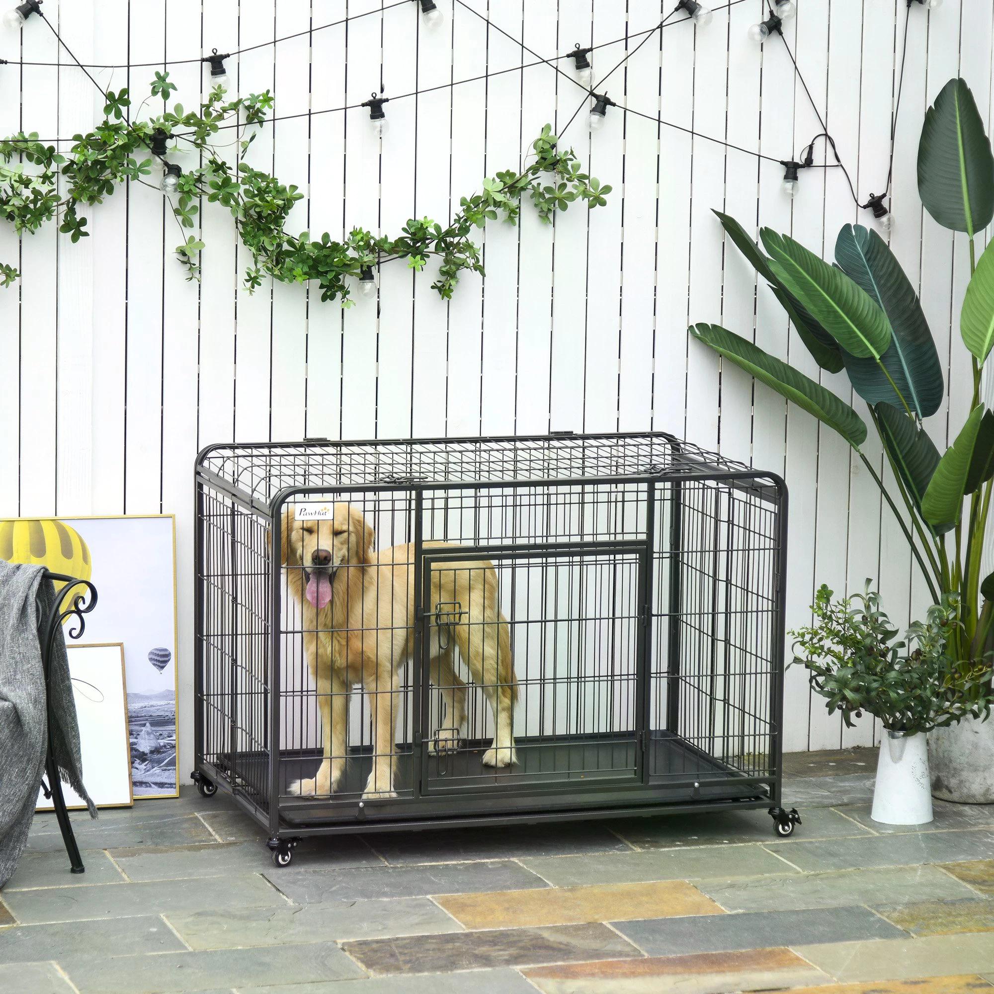 PawHut Folding Heavy-Duty Dog Crate: Double Door Pet Kennel with Removable Tray, Lockable Wheels, 125cm x 76cm x 81cm