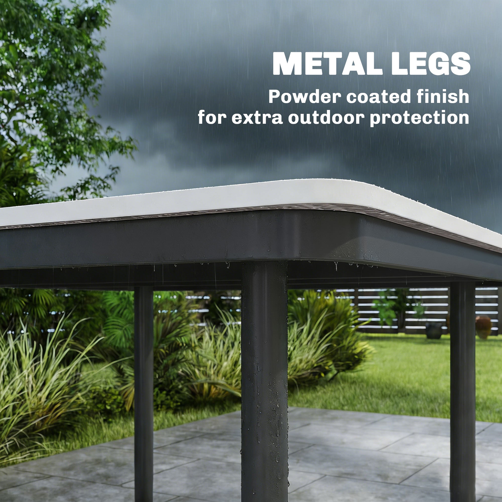 Outsunny Garden Dining Table for 4, 85 cm Square Outdoor Table with Umbrella Hole, Faux Wood Top, Metal Legs, Light Grey