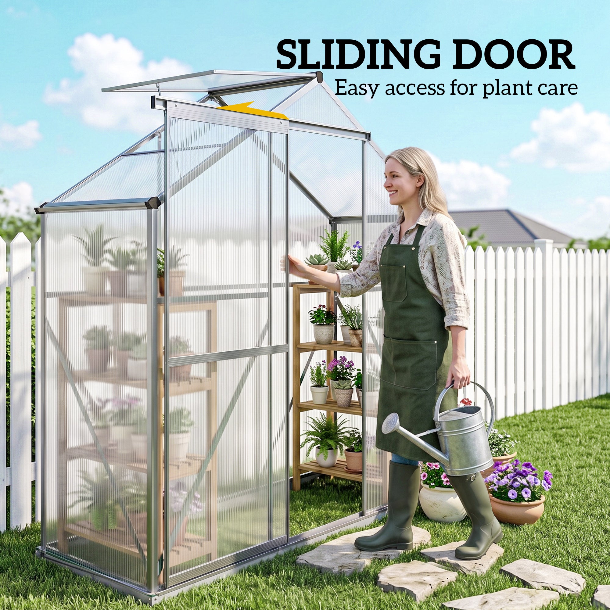 Outsunny 6 x 2.5ft Polycarbonate Greenhouse Walk-In Green House with Rain Gutter, Sliding Door, Window, Foundation, Dark Grey