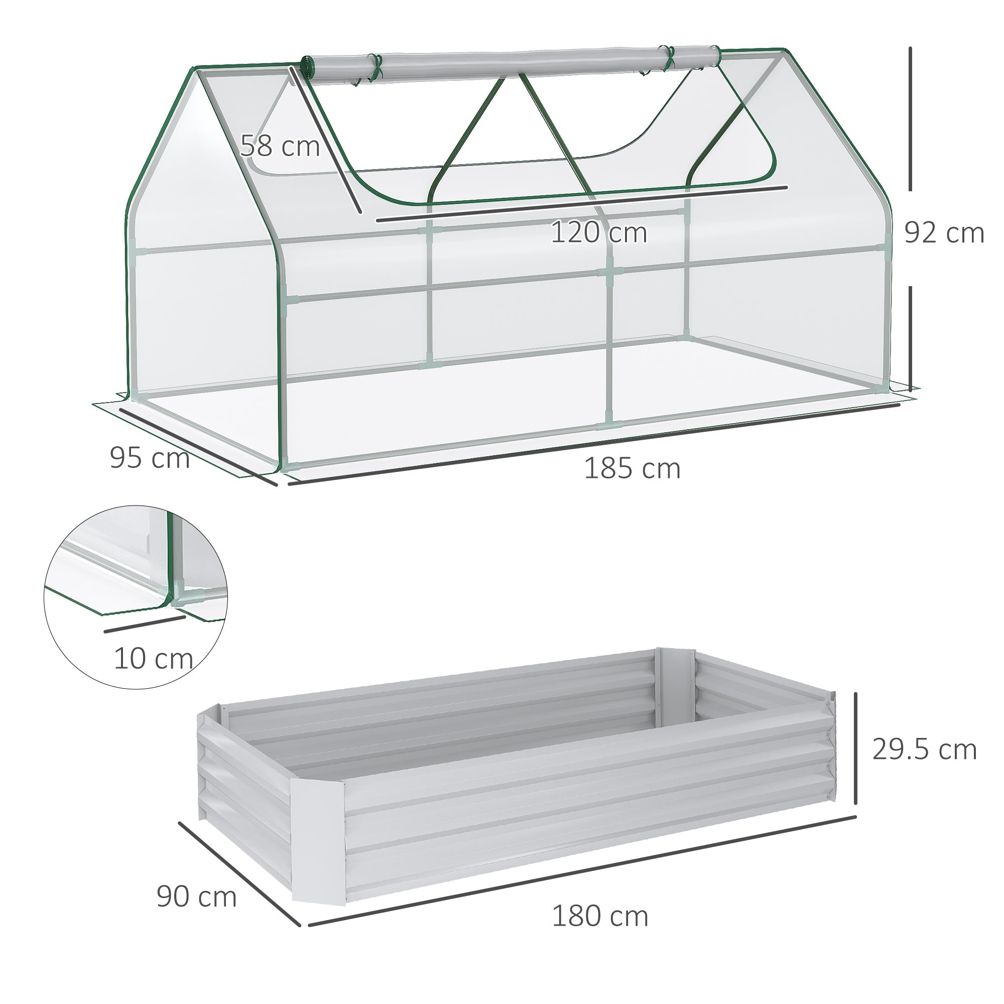 Outsunny Raised Garden Bed with Greenhouse, Steel Planter Box with Plastic Cover, Roll Up Window, Dual Use for Flowers, Vegetables, Fruits and Herbs, 185L x 95W x 92H cm, Clear - North Peak Garden Furniture