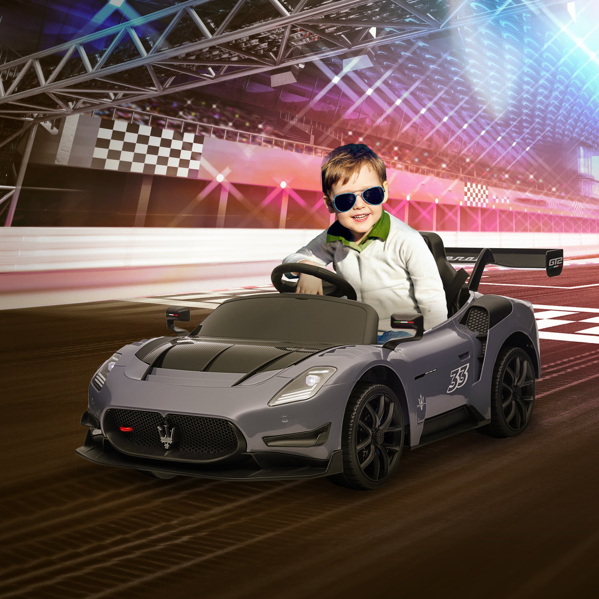 AIYAPLAY Maserati GT2 Licensed 12V Kids Electric Ride on Car with 4 Suspension, Remote Control Music Horn Lights - Grey - North Peak Garden Furniture