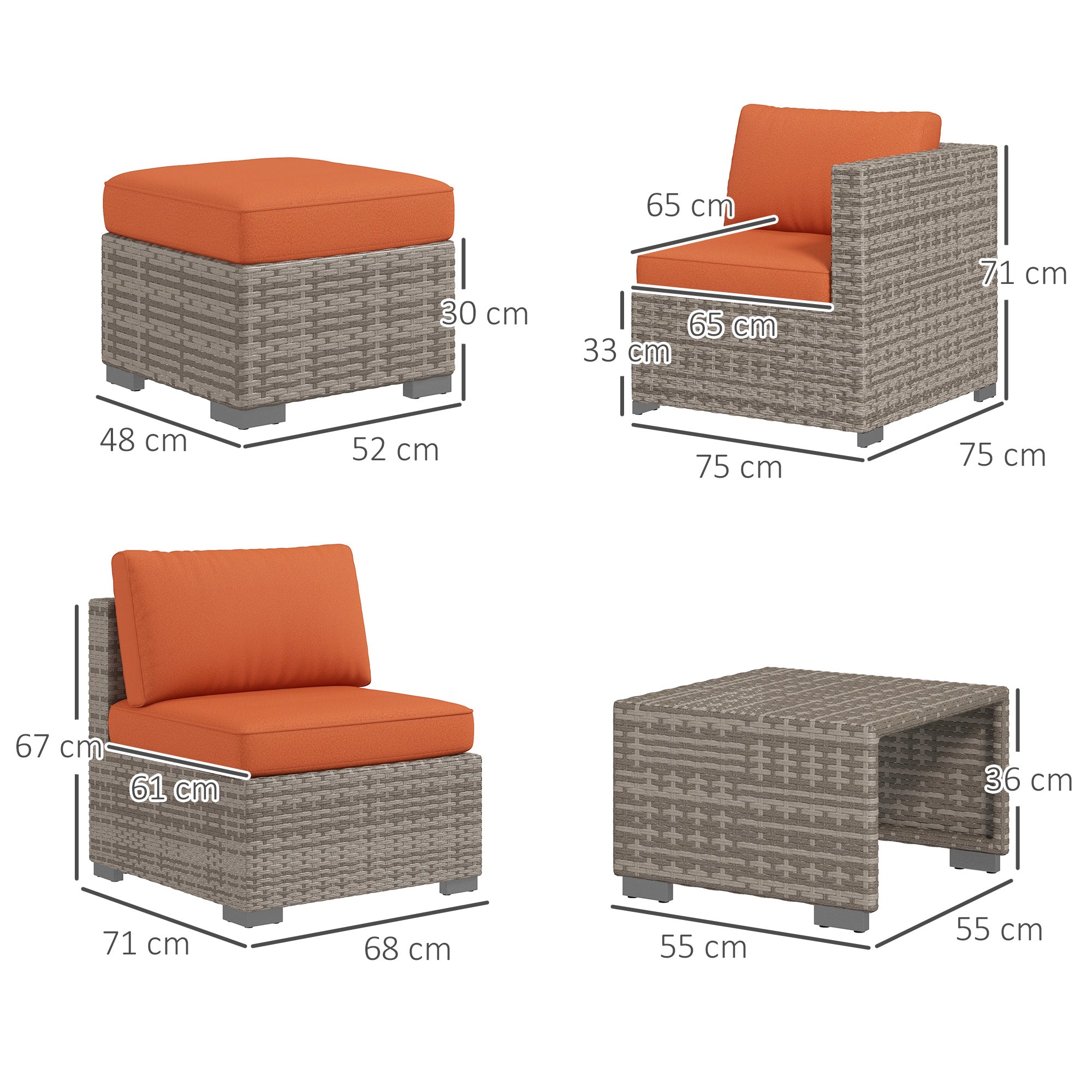 Outsunny Eight-Piece Rattan Garden Set, with Contrast Cushions - Orange/Grey - North Peak Garden Furniture