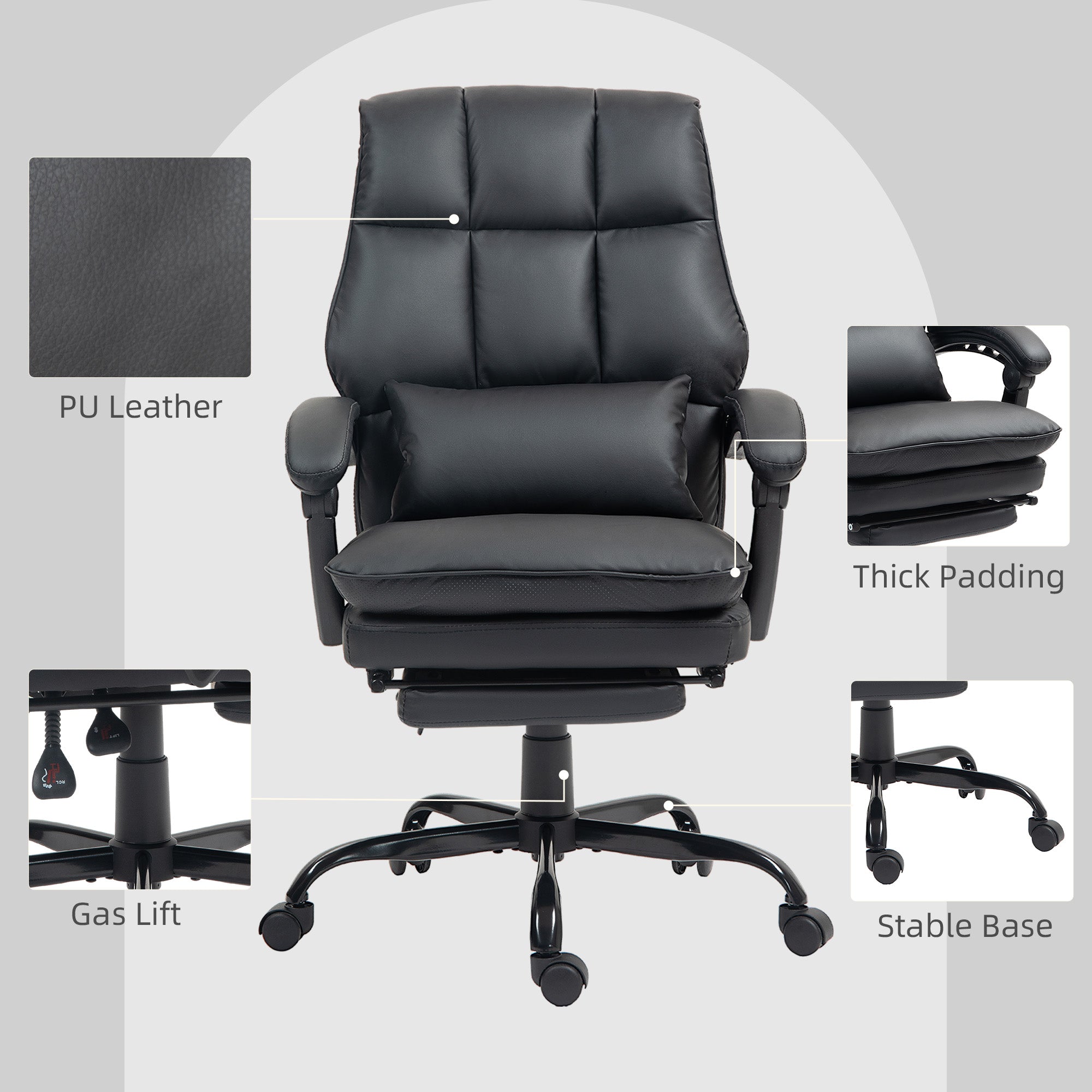 HOMCOM Faux Leather Reclining Office Chair, with Footrest - Black - North Peak Garden Furniture