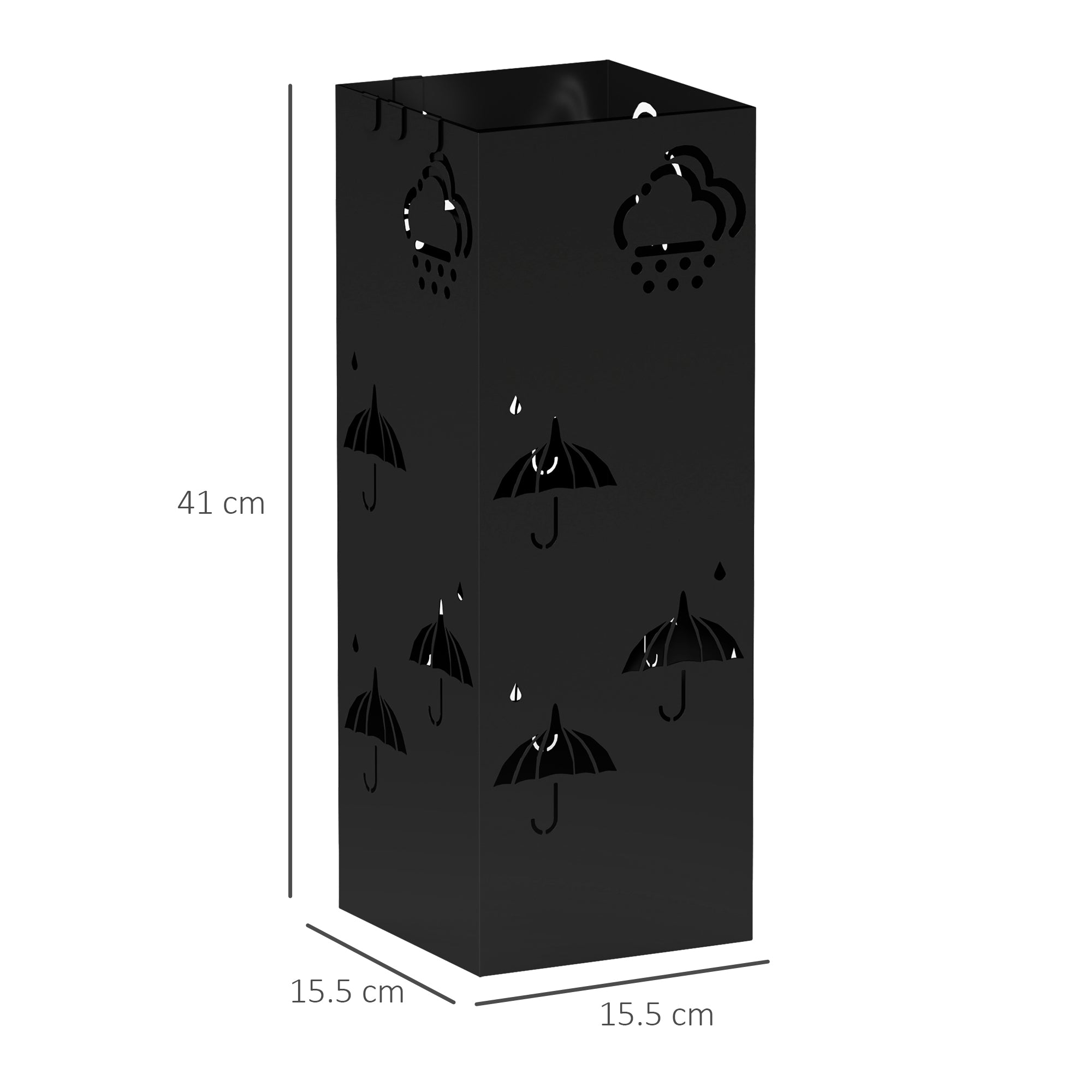 HOMCOM Metal Umbrella Stand, Square Umbrella Holder with Removable Drip Tray and 4 Hooks, Decorative Umbrella Storage Rack for Hallway, Entryway, 15.5 x 15.5 x 41 cm, Black - North Peak Garden Furniture
