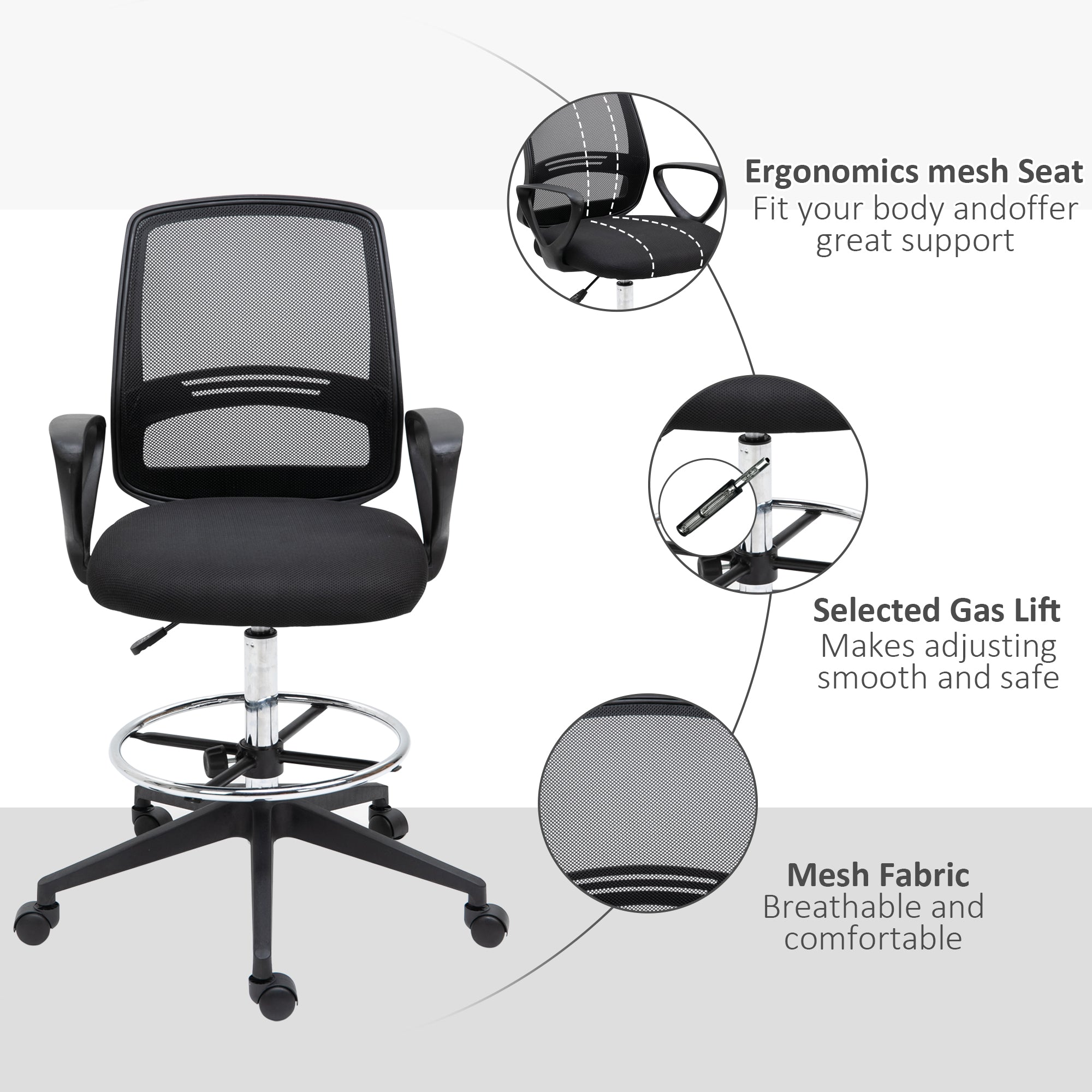 Vinsetto Ergonomic Mesh Back Drafting Chair, Tall Office Chair, Draughtsman Chair with Adjustable Height and Footrest 360° Swivel, Black - North Peak Garden Furniture