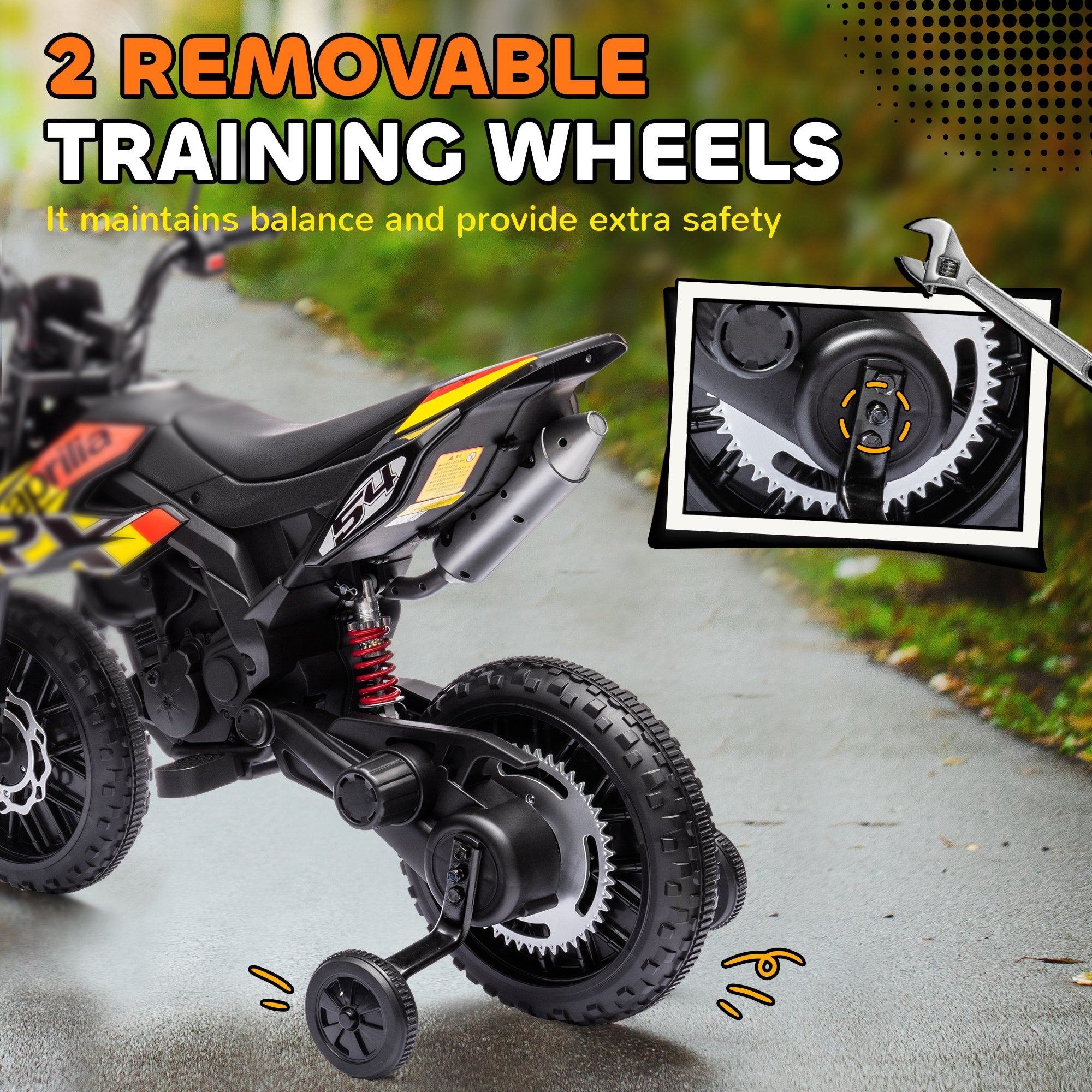 AIYAPLAY 12V Aprilia Licenced Kids Motorbike with Training Wheels, Spring Suspension, LED Light, USB, Music, Yellow - North Peak Garden Furniture