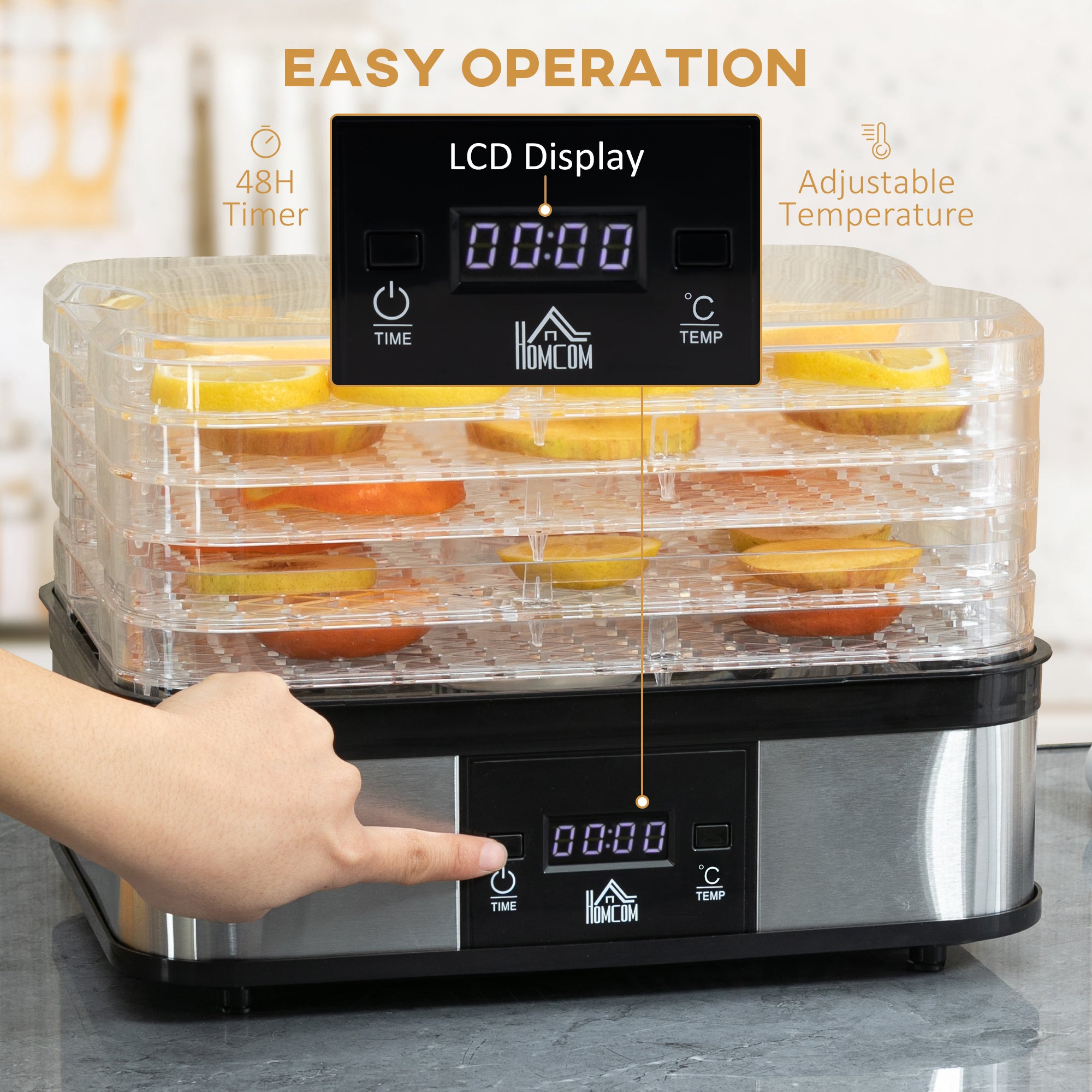 HOMCOM 5 Tier Food Dehydrator, 245W Stainless Steel Food Dryer Machine with Adjustable Temperature, Timer and LCD Display for Drying Fruit, Meat, Vegetable, Jerky and Pet Treat, Black - North Peak Garden Furniture
