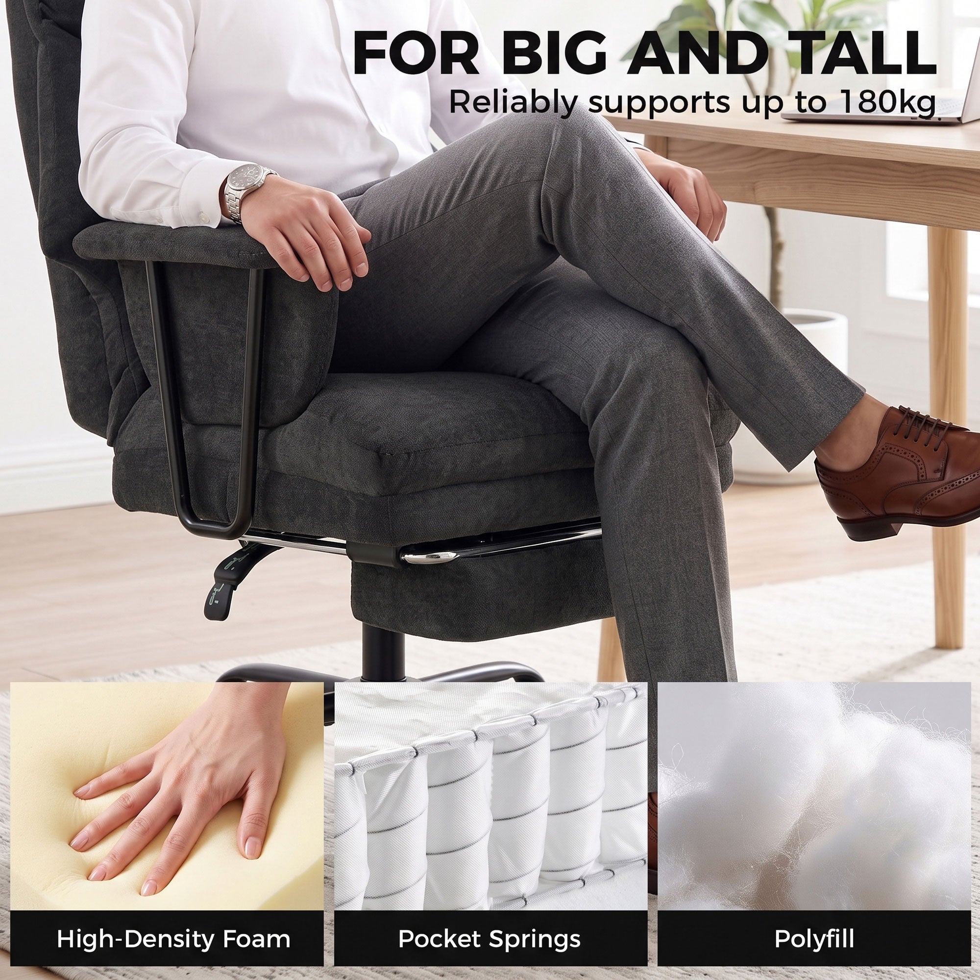 HOMCOM Office Chair, 180kg Heavy Duty Linen Computer Desk Chair with Lumbar Support, Wide Seat, Spring Cushion, Black