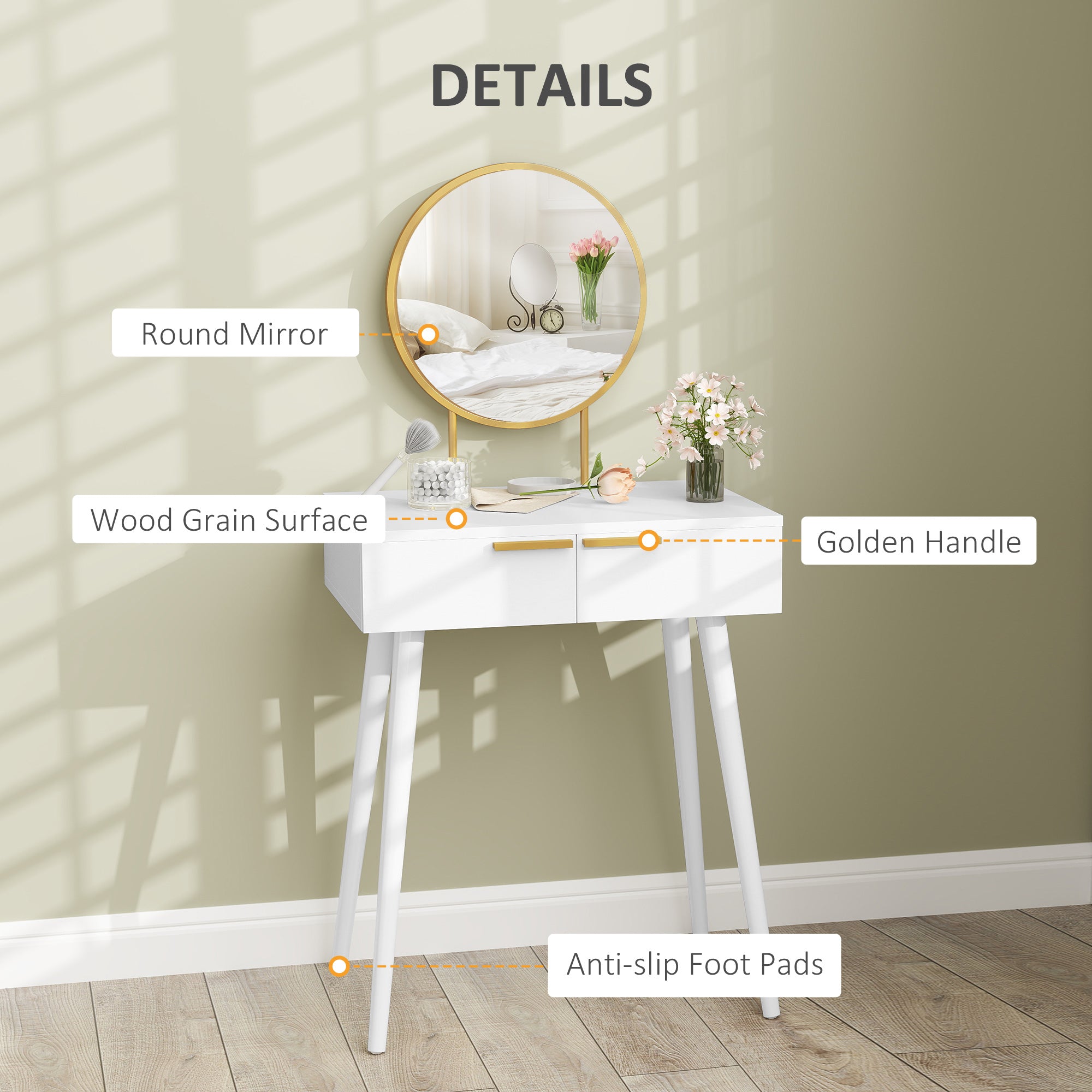 HOMCOM Elegant Dressing Table, with Round Mirror, 60 x 40 x 123 cm - White - North Peak Garden Furniture