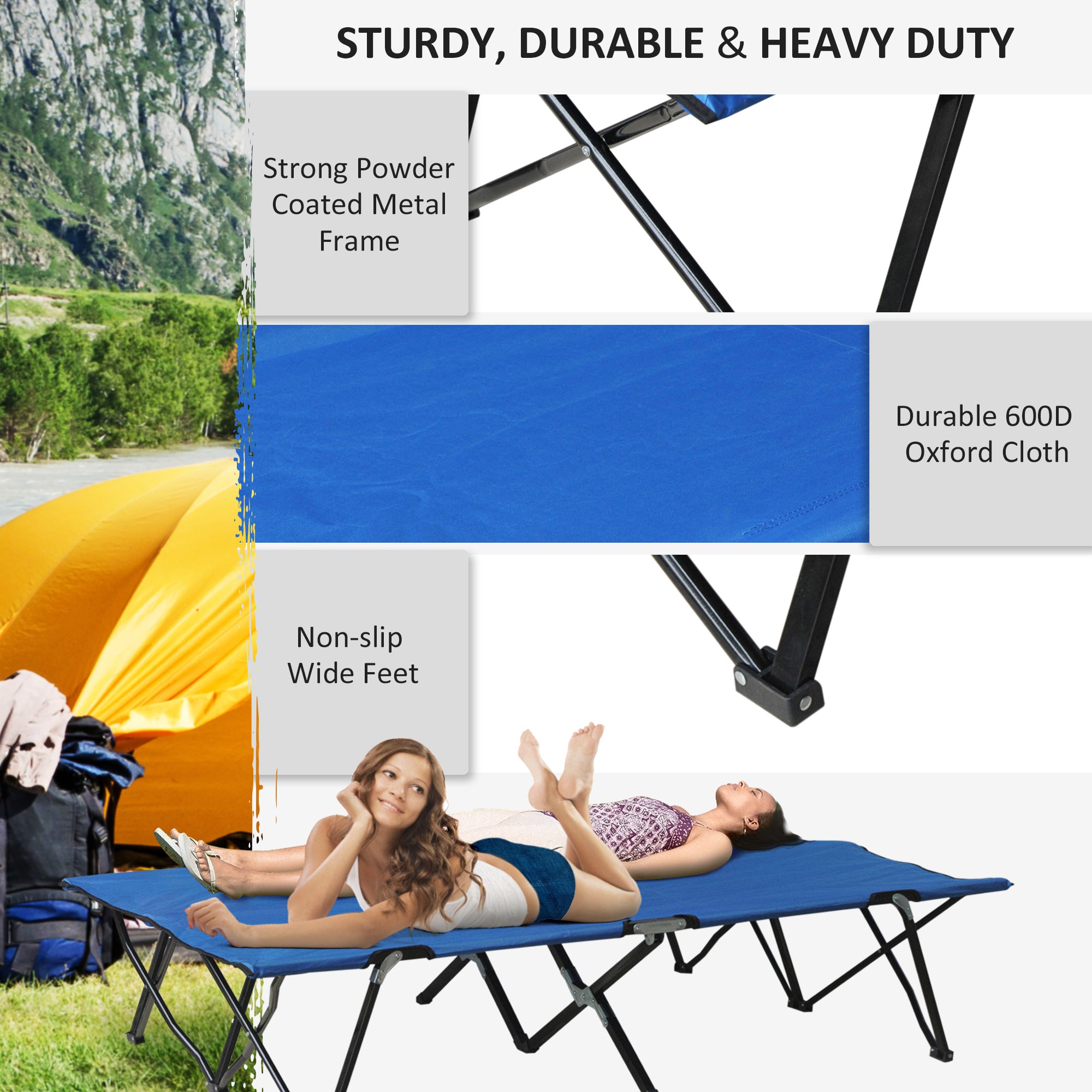 Outsunny Double Camping Bed Camping Cot Foldable Sunbed Outdoor Patio Sleeping Bed Super Light with Carry Bag (Blue) - North Peak Garden Furniture
