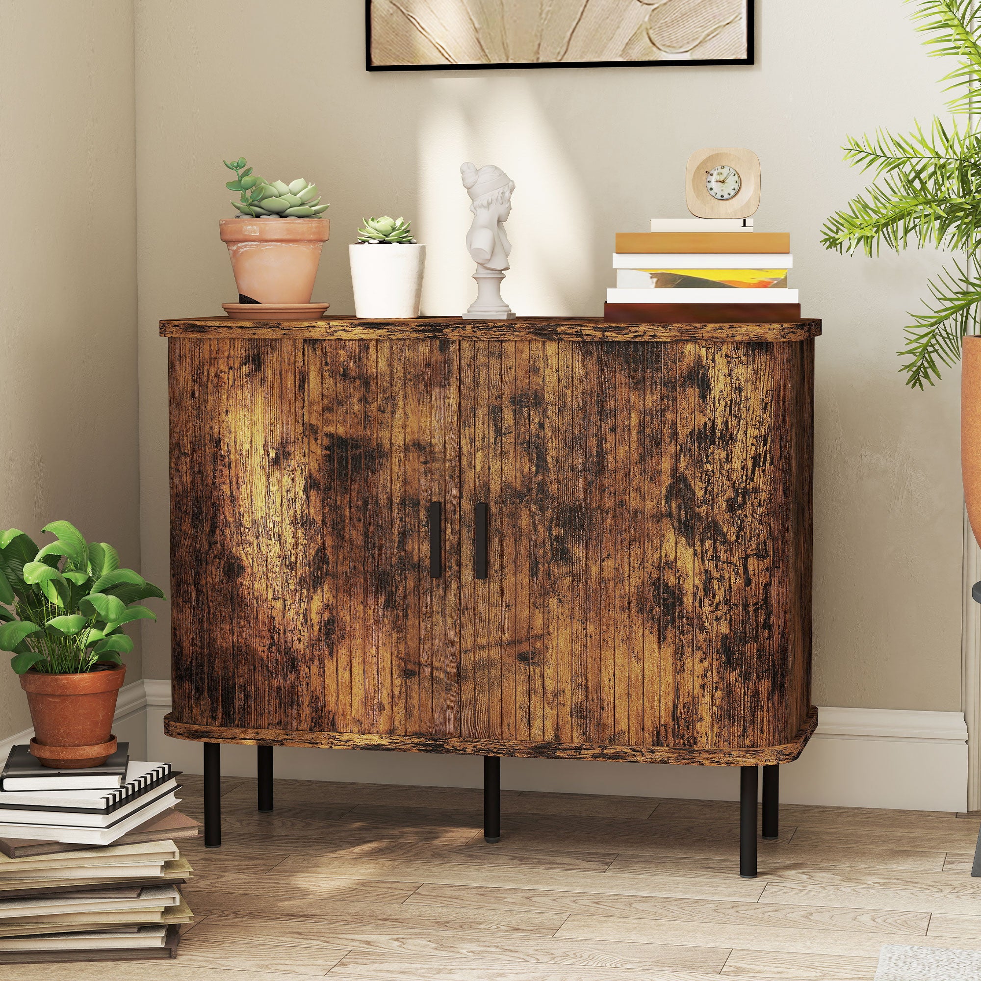 HOMCOM Mid-Century Modern Sideboard Storage Cabinet with Slatted Tambour Sliding Doors, Kitchen Cabinet with Steel Legs, Rustic Brown