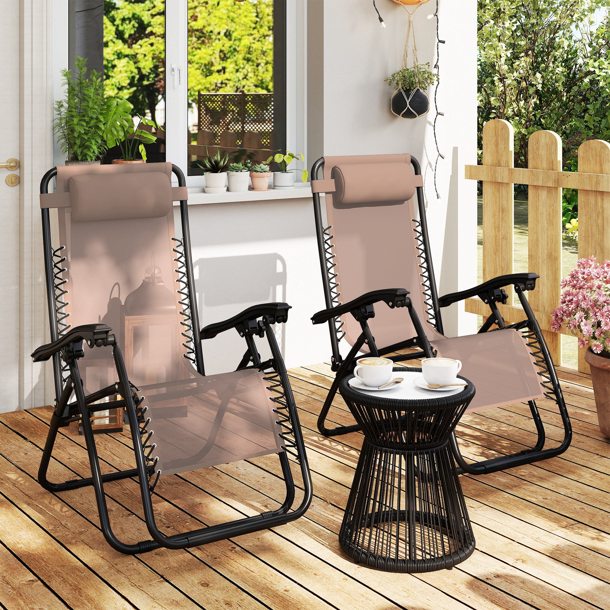 Outsunny Zero Gravity Chair Set of 2, Metal Frame Texteline Armchair Outdoor Folding and Reclining Sun Lounger with Head Pillow for Patio Decking Gardens Camping, Beige