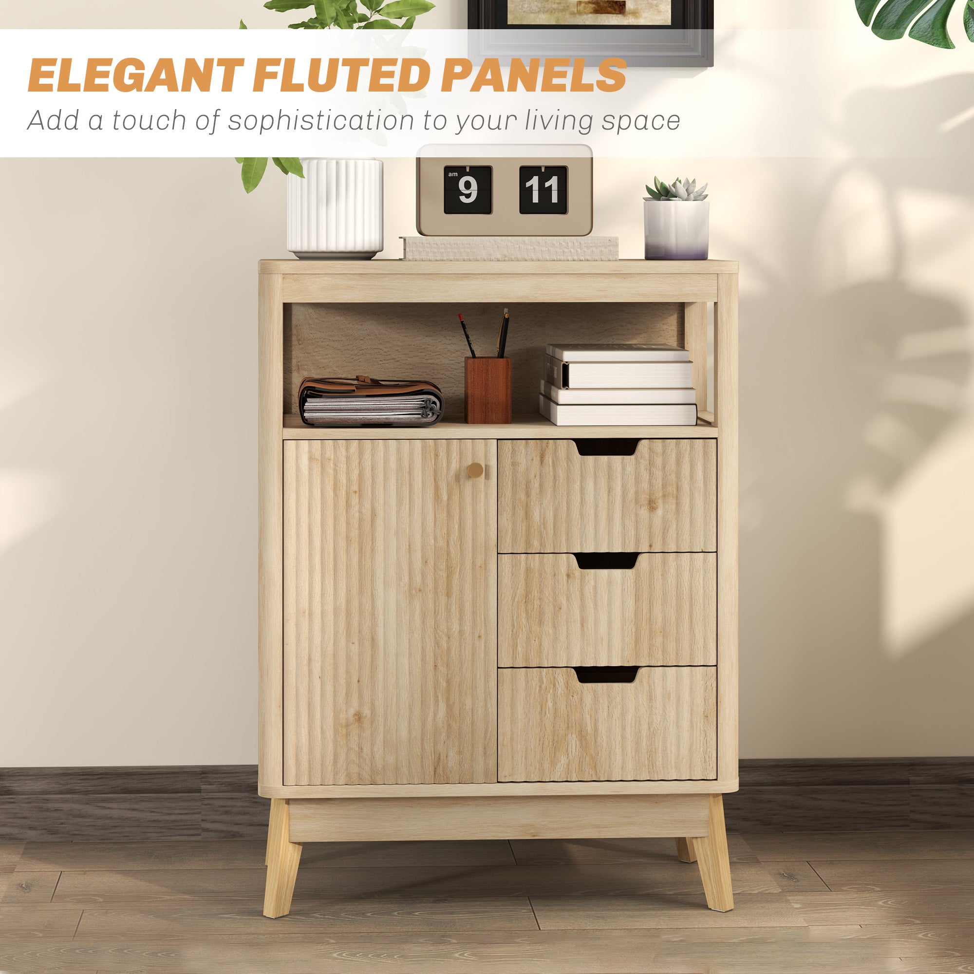 HOMCOM Small Sideboard with Drawers and Adjustable Shelf - Nature Wood Finish - North Peak Garden Furniture