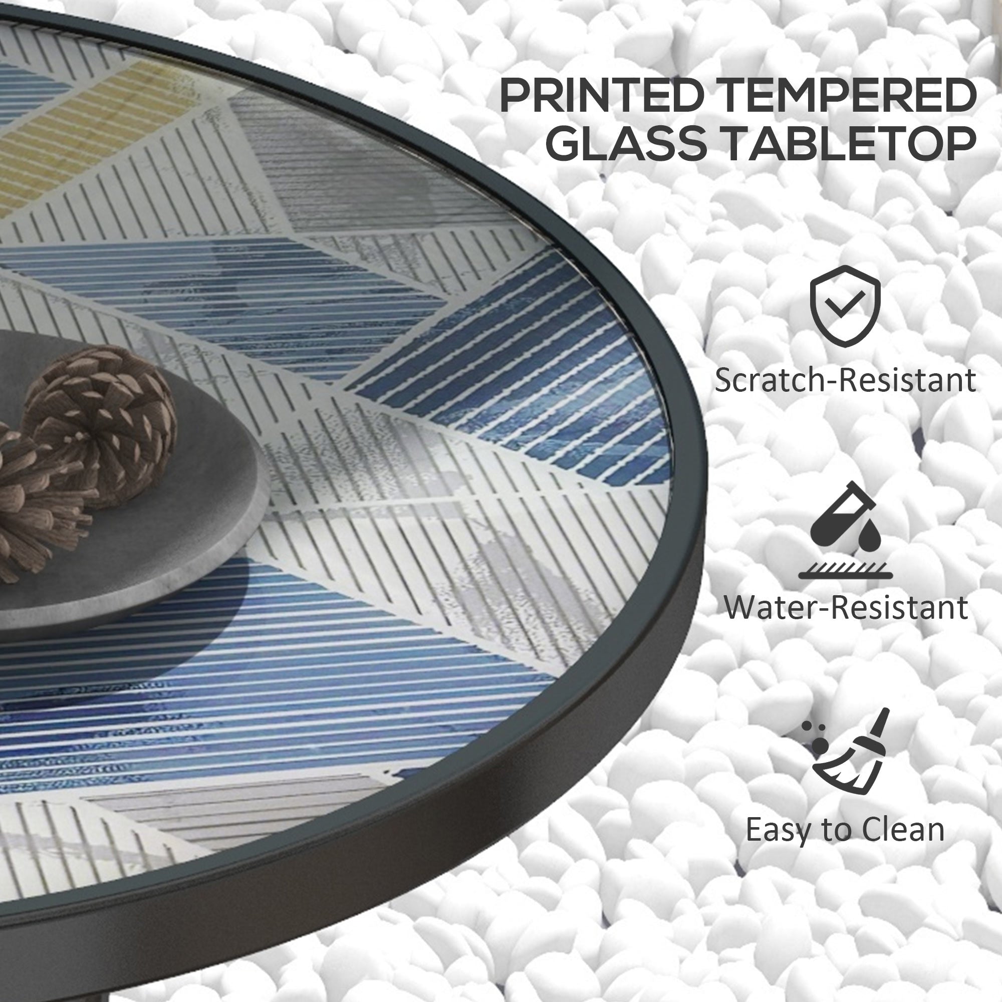 Outsunny Φ60 Garden Table, with Glass Printed Tabletop - Multicolour - North Peak Garden Furniture
