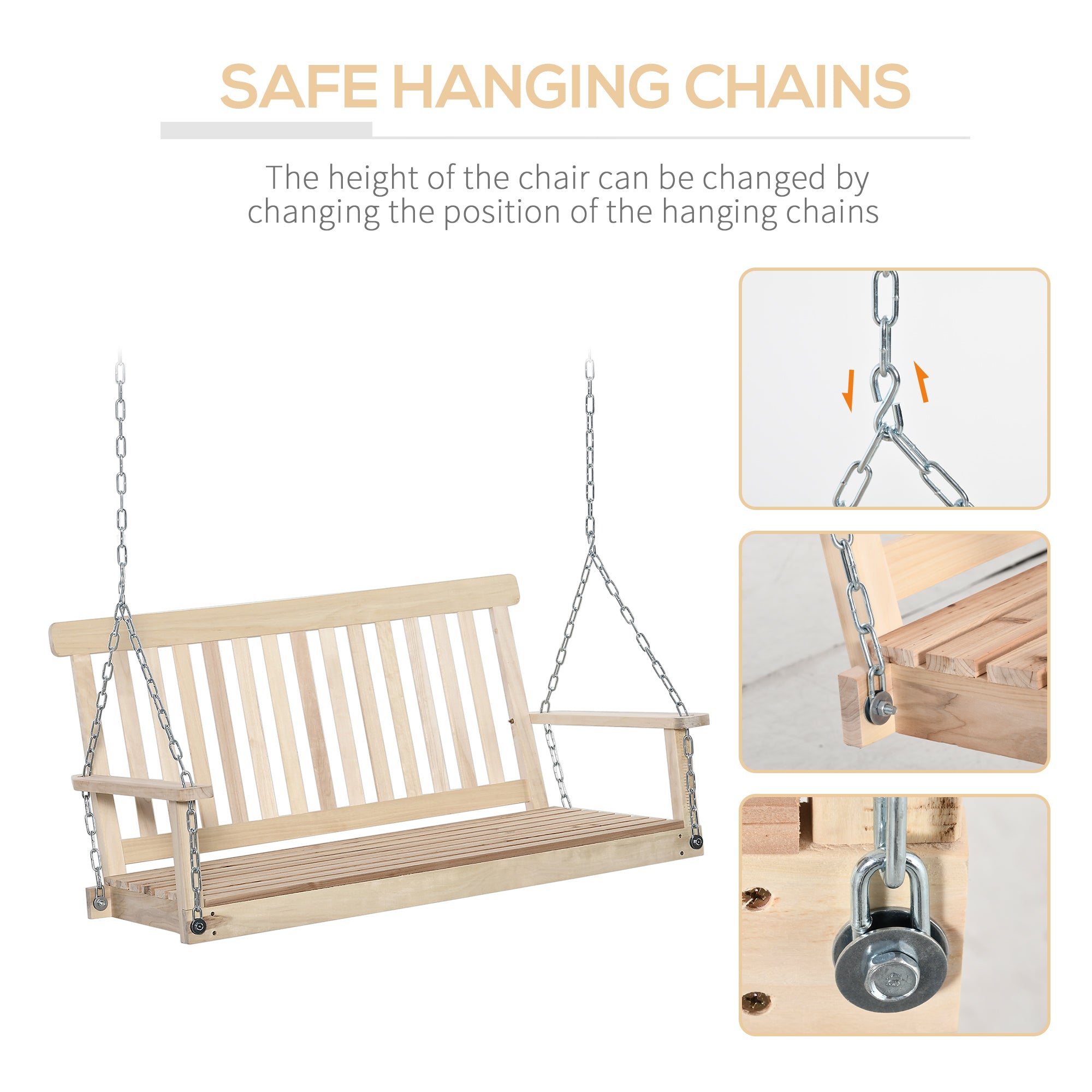 Outsunny Outdoor Wooden Swing Bench 2-Seater Porch Swing Chair Hanging Hammock Garden Furniture, Natural - North Peak Garden Furniture