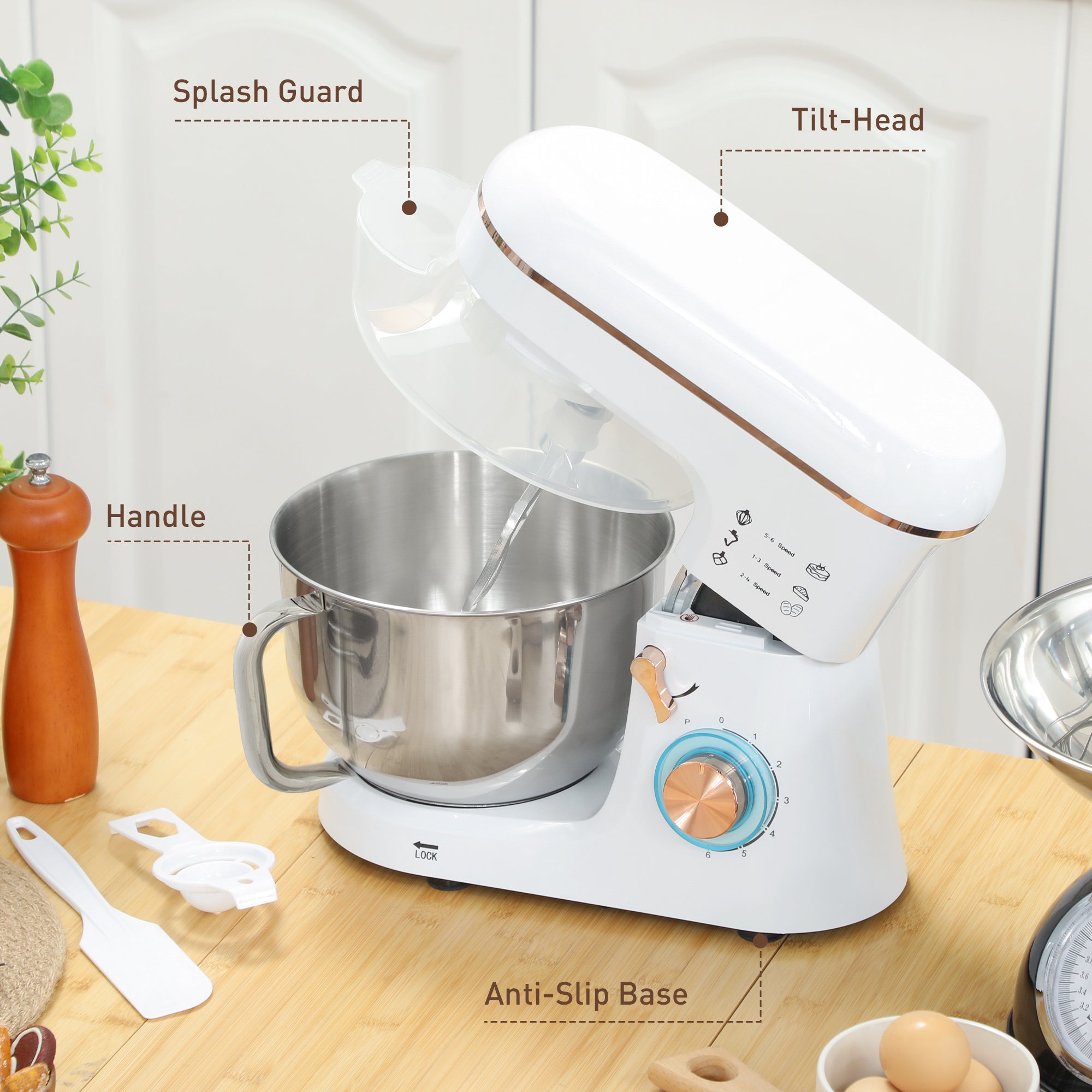 HOMCOM Stand Mixer, 5L Food Mixer for Baking, 6 Speeds and Pulse Setting, 1400W Cake Electric Kitchen Mixer with Dough Hook, Whisk, Stainless Steel Bowl, Splash Guard, Beater, White - North Peak Garden Furniture