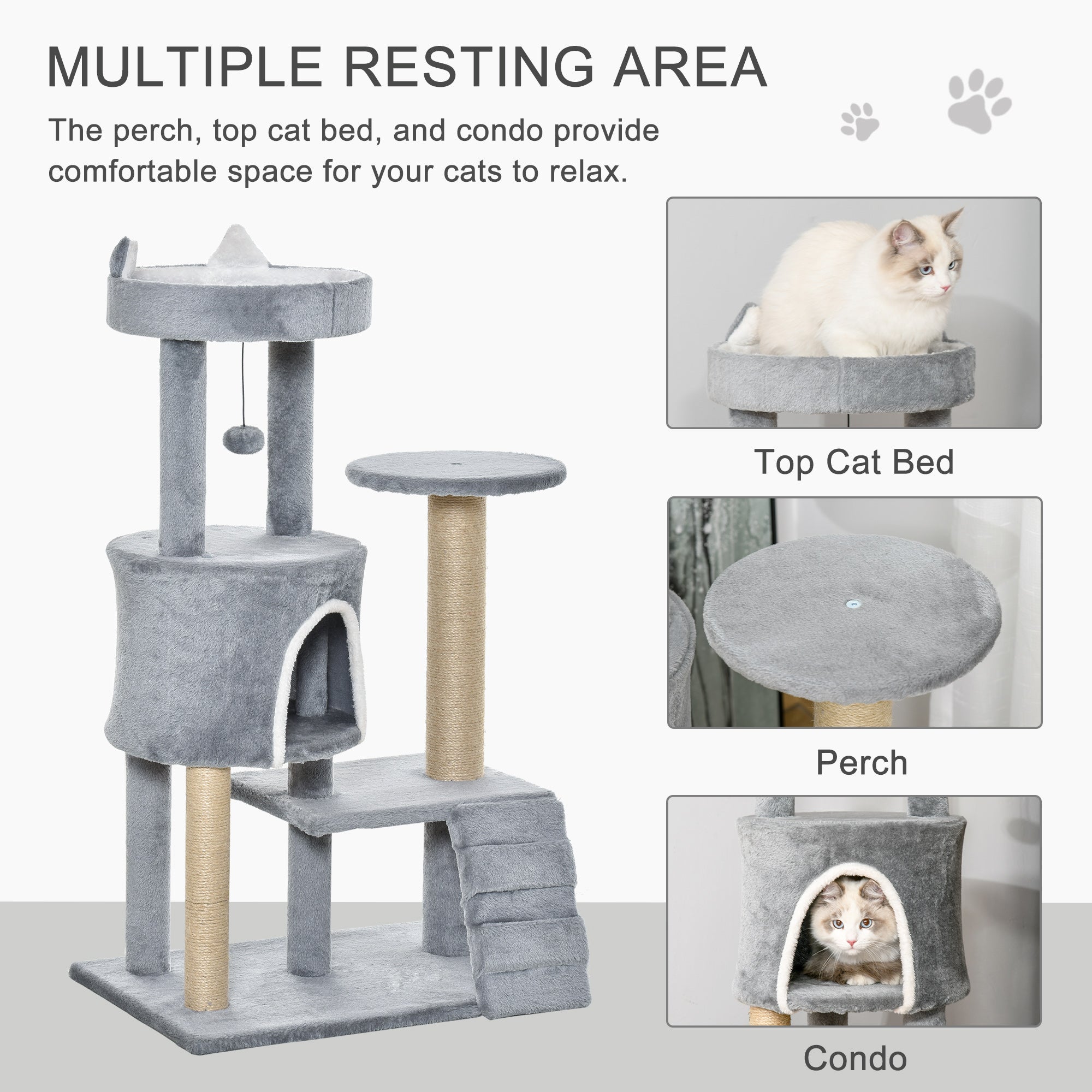 PawHut 100 cm Cat Tree, Cat Condo Tree Tower for Indoor Cats, Cat Activity Centre with Scratching Posts, Plush Perch, Ladder, Hanging Ball - Light Grey - North Peak Garden Furniture