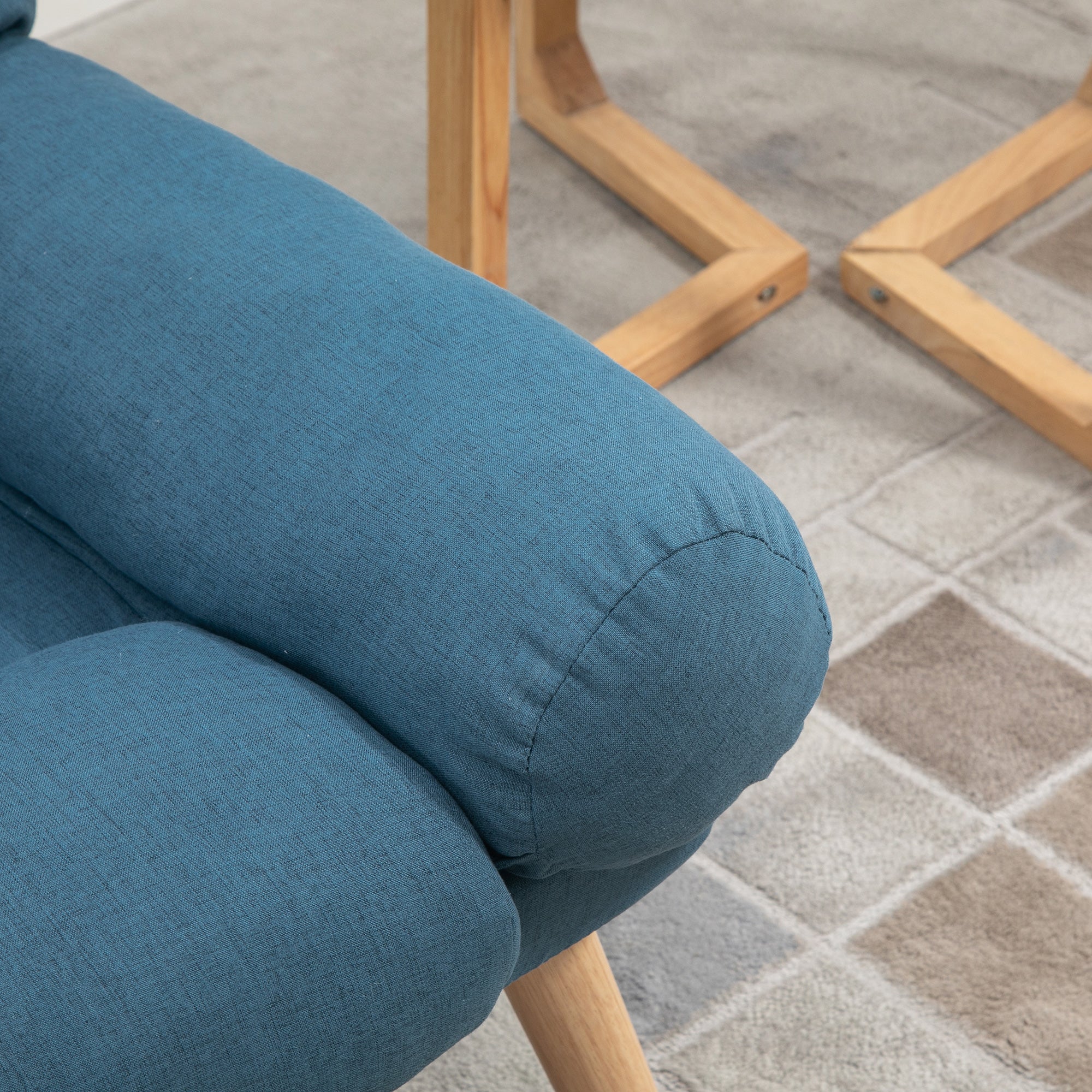 HOMCOM Armchair with Footstool, 180° Recliner with Ottoman, Accent Chair and Footstool with 3-Position Adjustable Backrest and Wooden Legs for Living Room, Blue - North Peak Garden Furniture