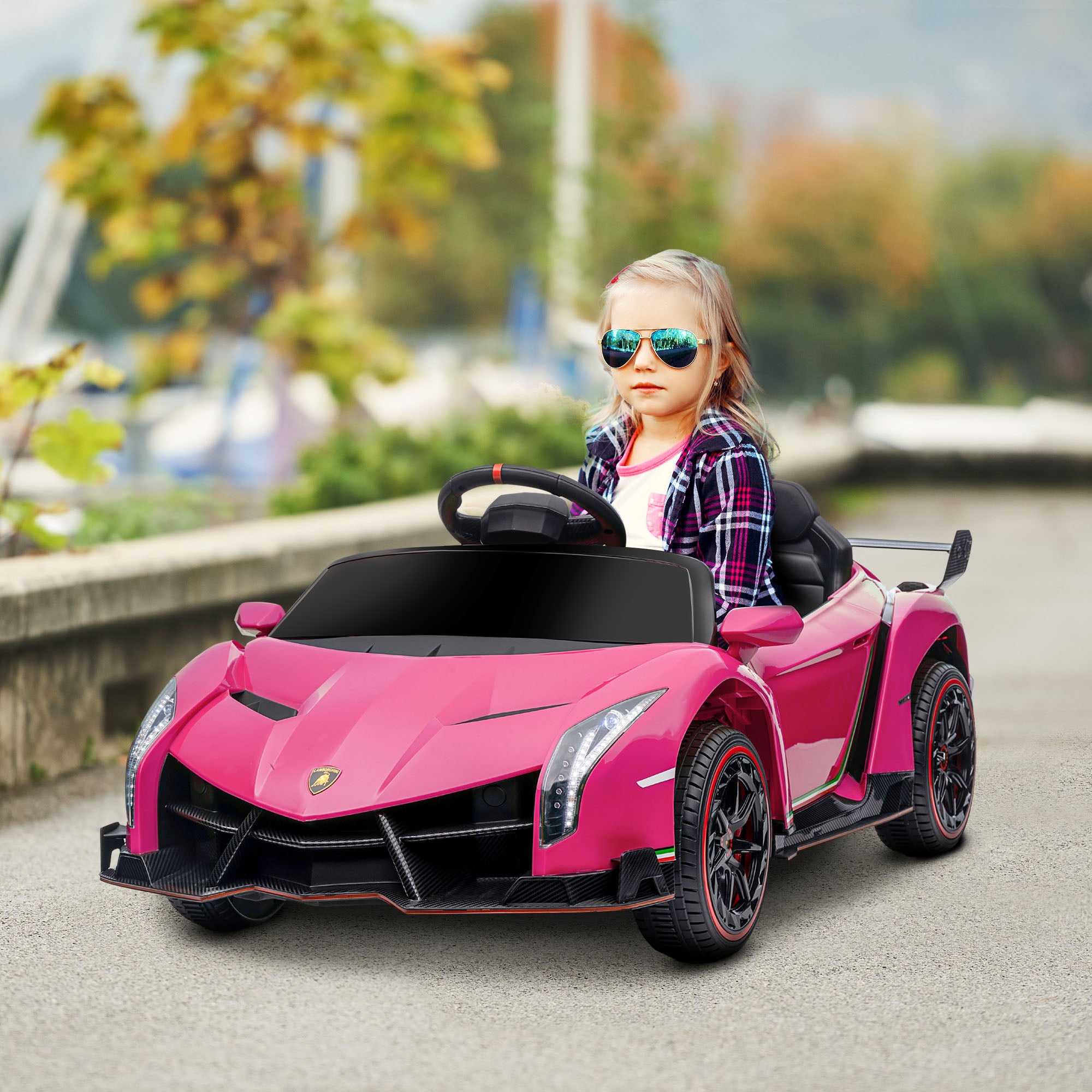 HOMCOM Lamborghini Veneno Licensed Electric Ride-On Car, with Remote, Music, Horn - Pink - North Peak Garden Furniture