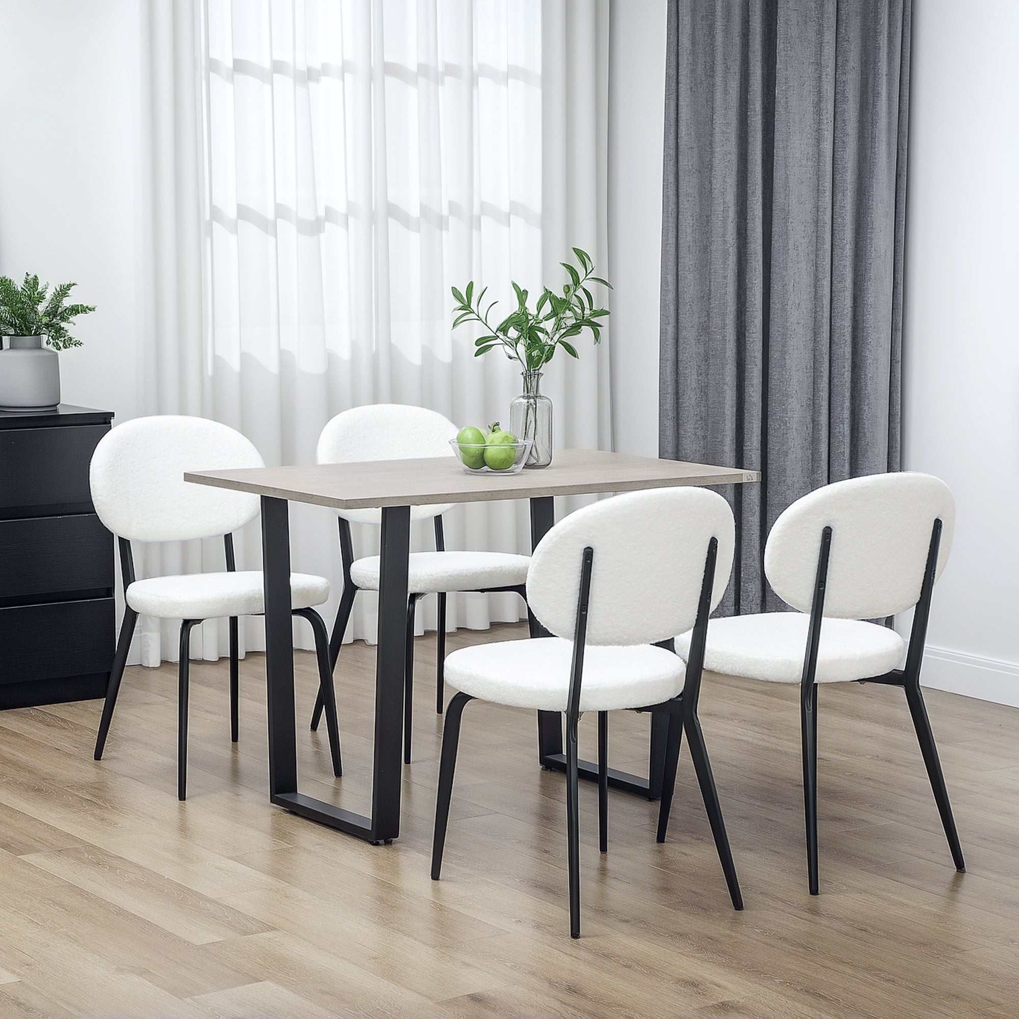 HOMCOM Boucle Dining Chairs Set of 4, Modern Upholstered Sherpa Kitchen Chairs with Backrest, Metal Legs and Padded Seat for Dining Room, Bedroom, Living Room, White - North Peak Garden Furniture