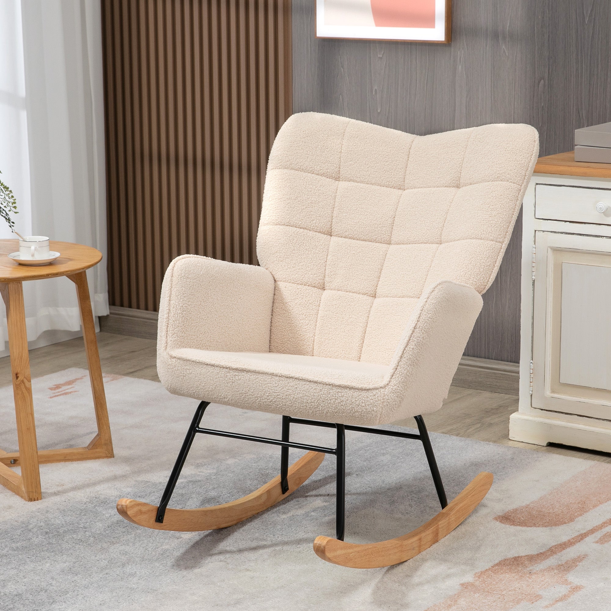 HOMCOM Berber Fleece Nursery Glider Rocker for Nursing, Wingback Rocking Chair for Living Room, Beige - North Peak Garden Furniture