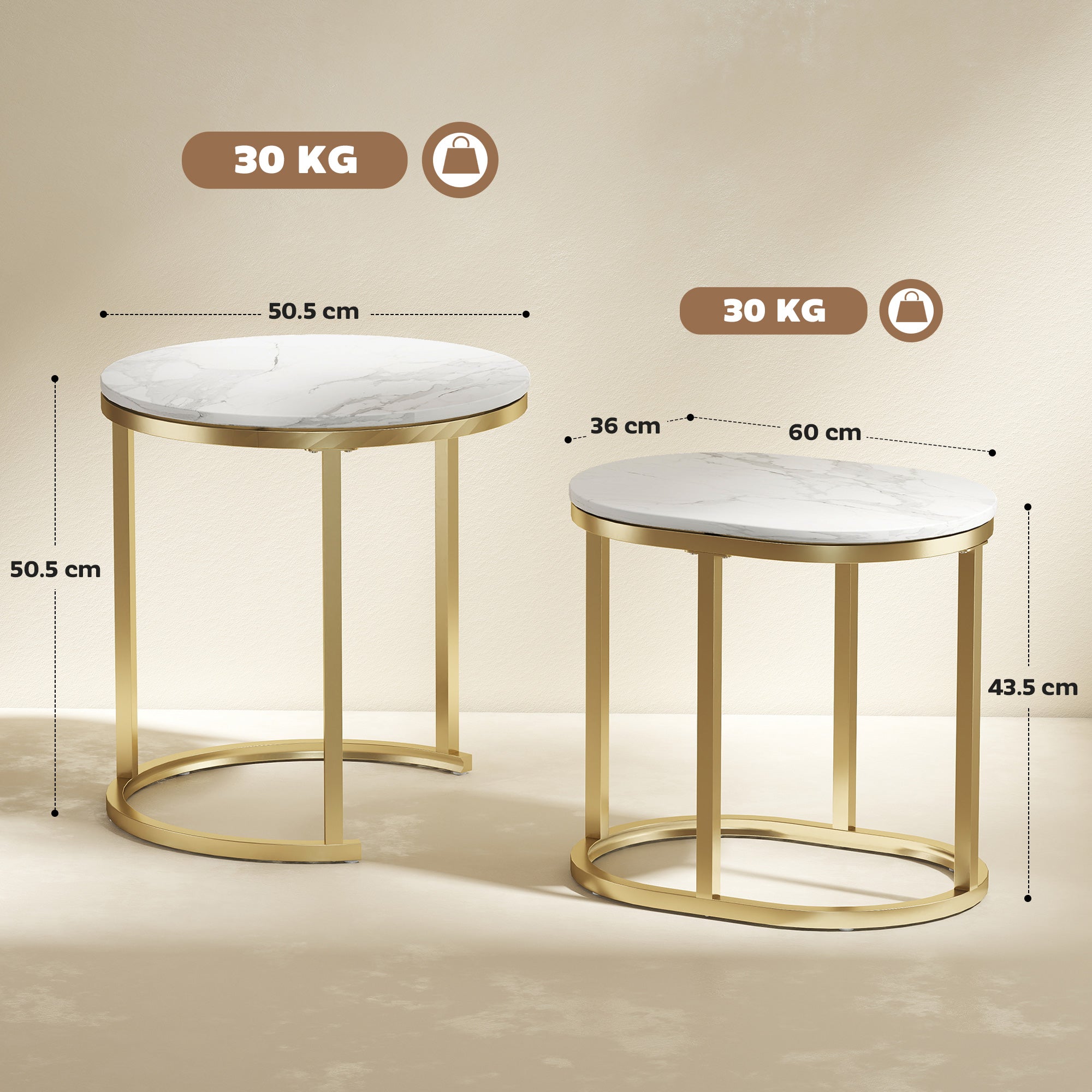 HOMCOM Nest of Tables with Steel Frame and Faux Marble Tabletop, Modern Coffee Table Set of 2, Gold Tone/White