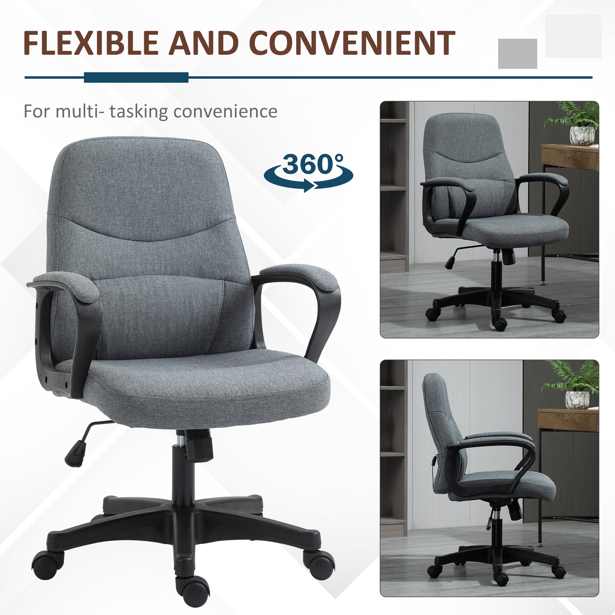 Vinsetto Office Chair, Fabric Desk Chair Mid Back Work Study Chair with Massage Lumbar Support, Adjustable Height and Swivel Wheels, Grey - North Peak Garden Furniture