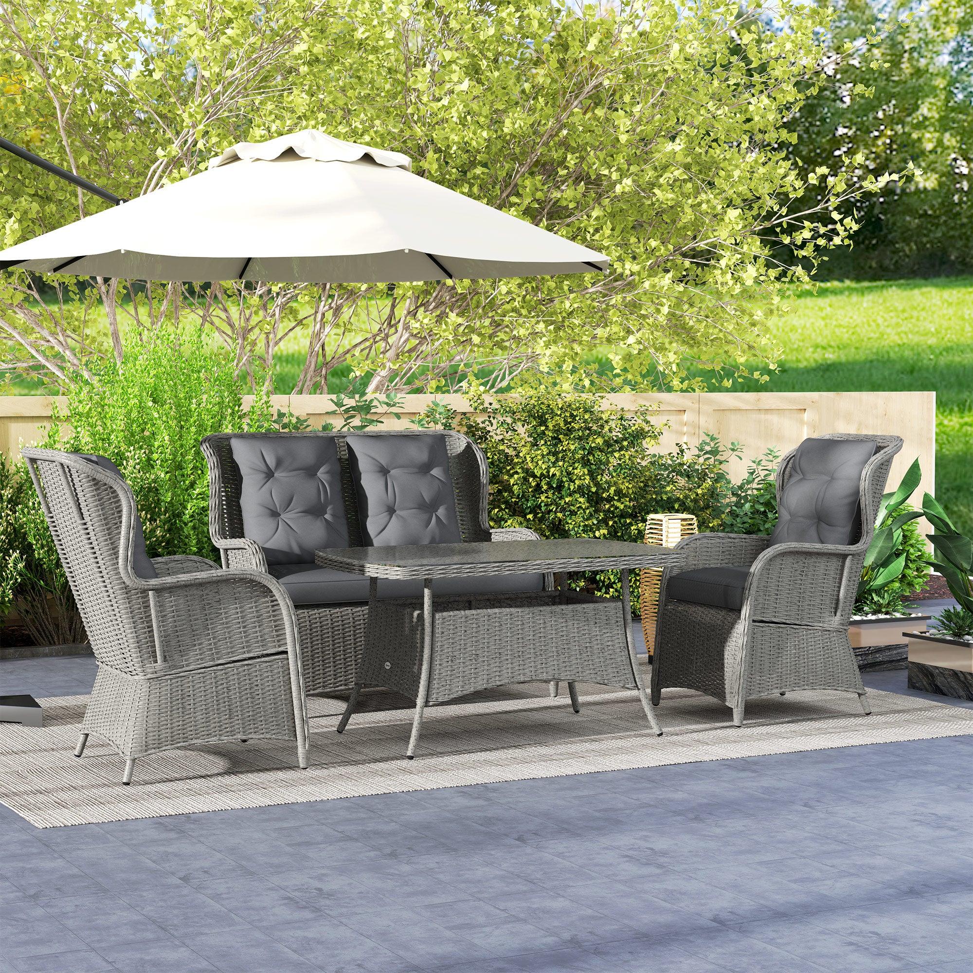 Outsunny Garden PE Rattan Dining Sofa Set, Outdoor 4 Seater Wicker Furniture, High Back Chairs with Cushions, Tempered Glass Coffee Table for Patio, Light Grey - North Peak Garden Furniture