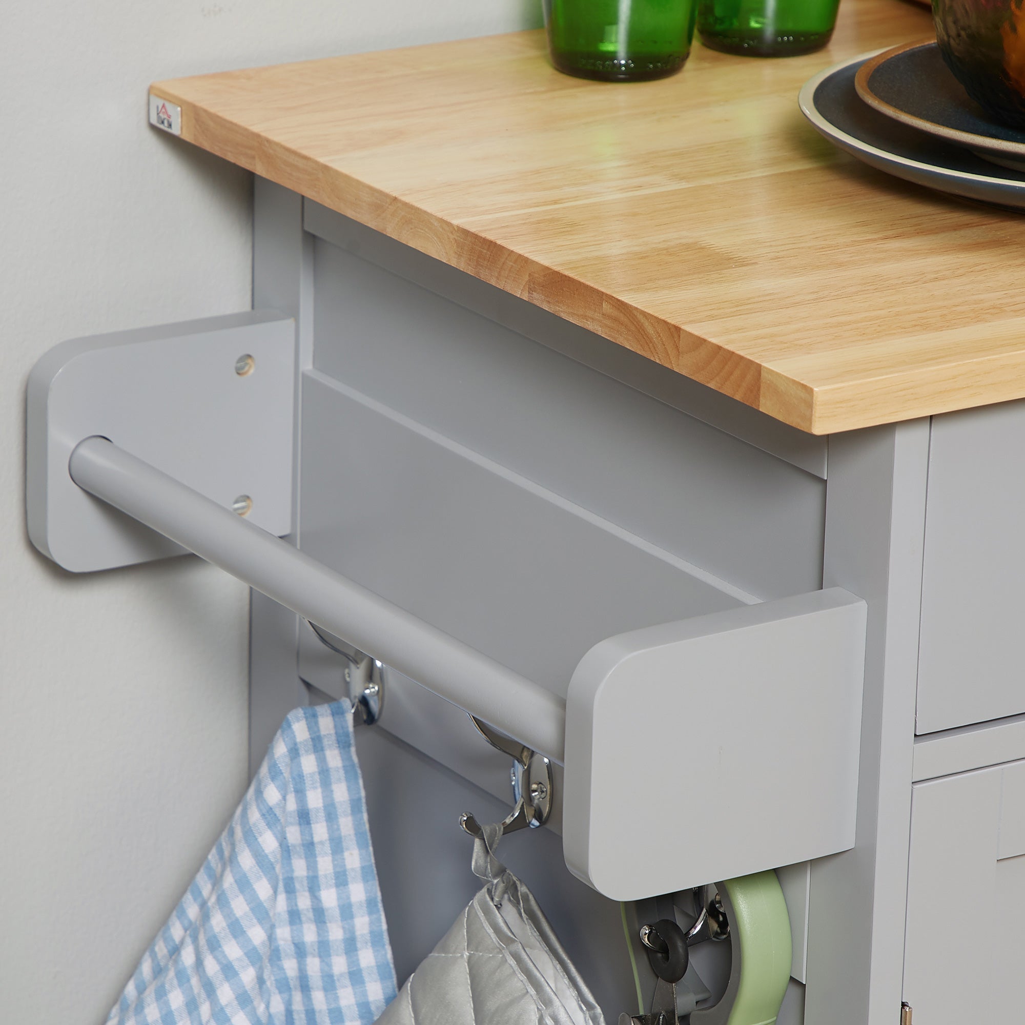 HOMCOM Rolling Kitchen Island on Wheels, Utility Serving Cart with Rubber Wood Top, Towel Rack, Hooks and Storage Drawers, Grey - North Peak Garden Furniture