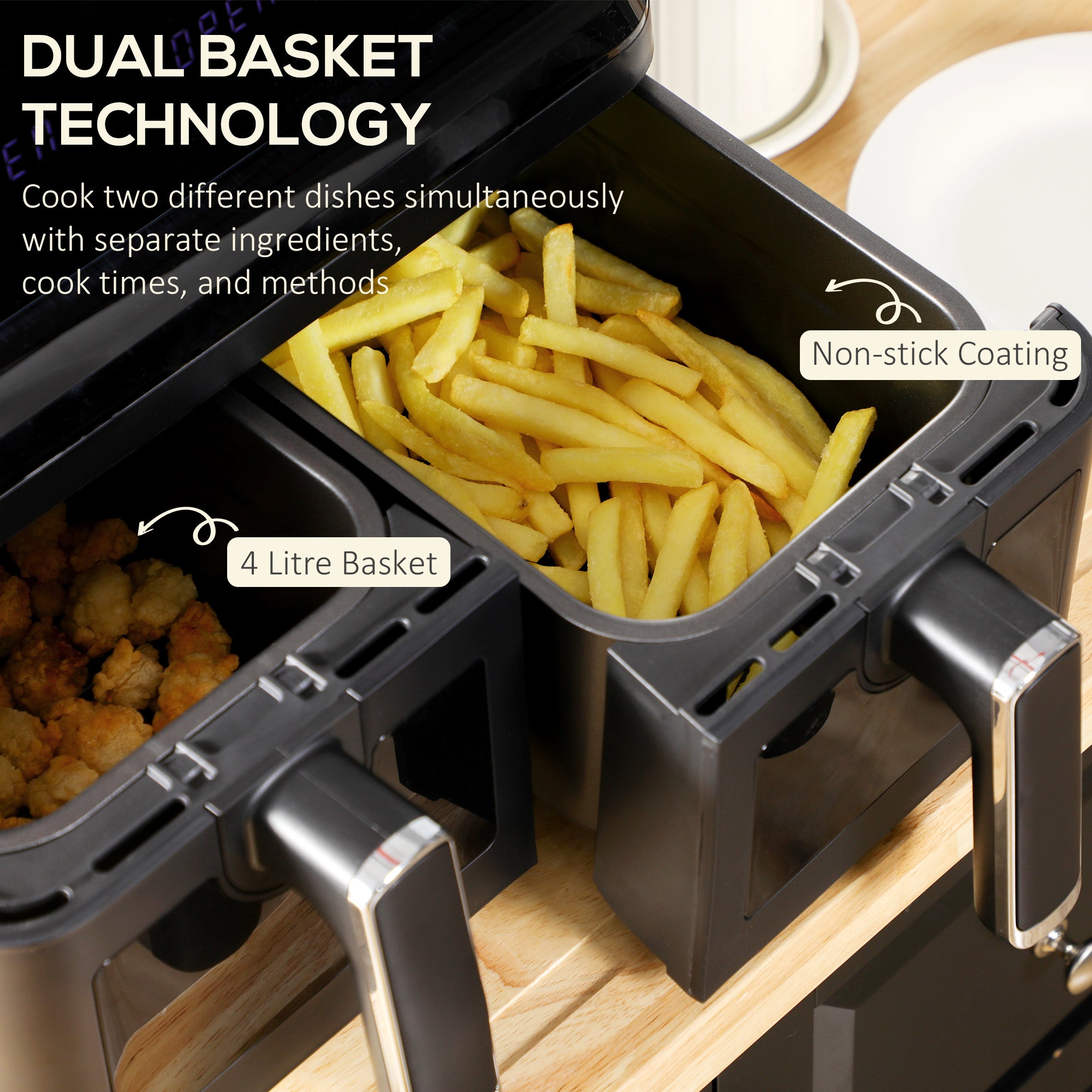 HOMCOM 8L Dual Basket Air Fryer, 8-in-1 Air Fryer Oven with Digital Display, Visible, Timer, Preheat for Oil Free Low Fat Cooking, 2500W, Sync Finish, Sliver - North Peak Garden Furniture