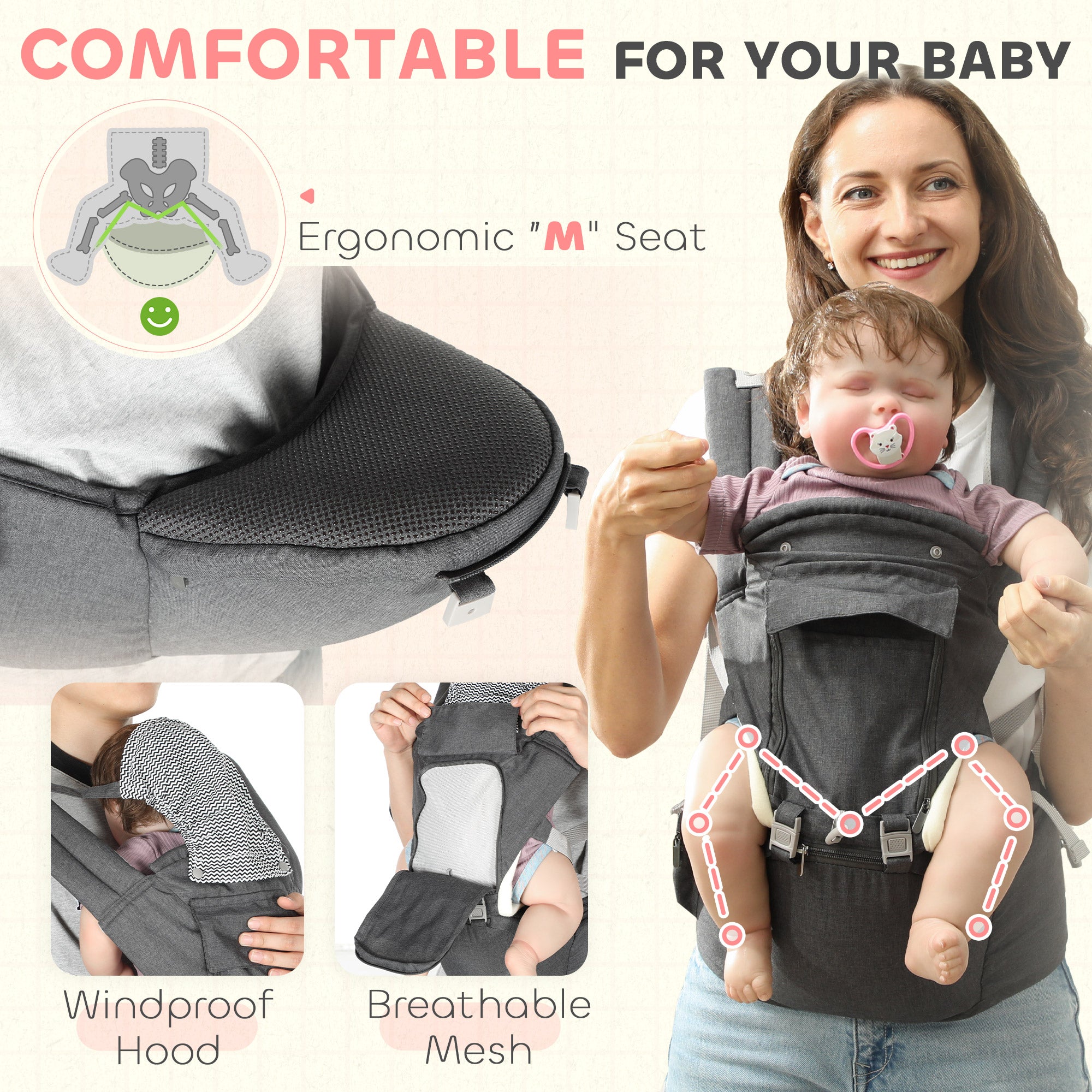 AIYAPLAY 6-in-1 Baby Carrier for Newborns-Toddlers, with Removable Seat, for Ages 0-36 Months, Up to 15kg, Grey - North Peak Garden Furniture