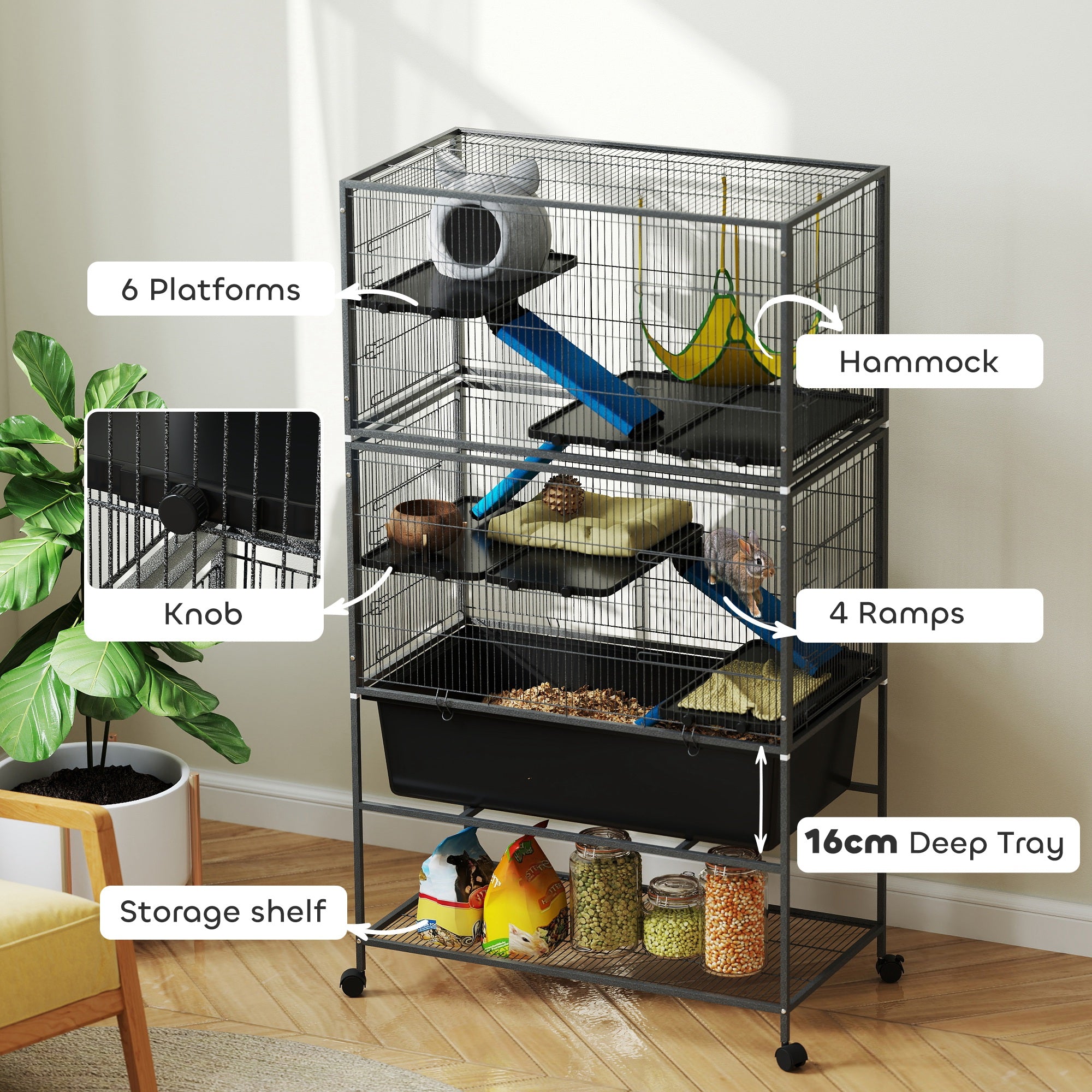 PawHut 5 Levels Rolling Small Animal Cage with Non Slip Ramps, Slide Out 16cm Deep Tray, 88 x 48 x 150.5cm, Dark Grey - North Peak Garden Furniture