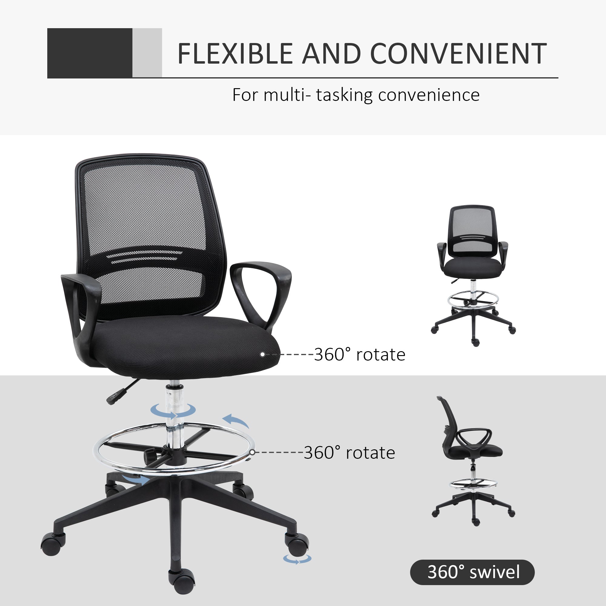 Vinsetto Ergonomic Mesh Back Drafting Chair, Tall Office Chair, Draughtsman Chair with Adjustable Height and Footrest 360° Swivel, Black - North Peak Garden Furniture