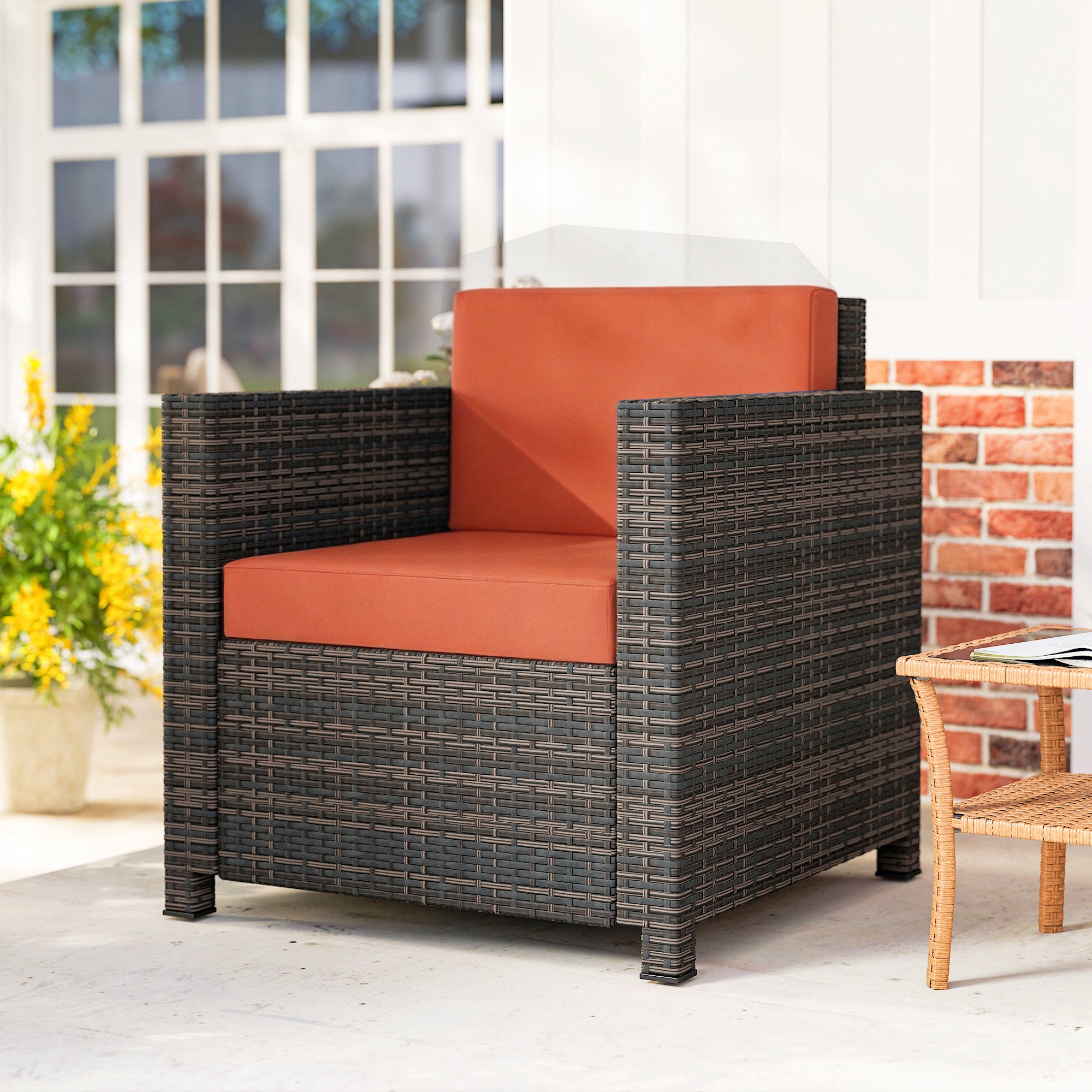 Outsunny PE Rattan Garden Armchair with Cushion - Mixed Brown/Orange