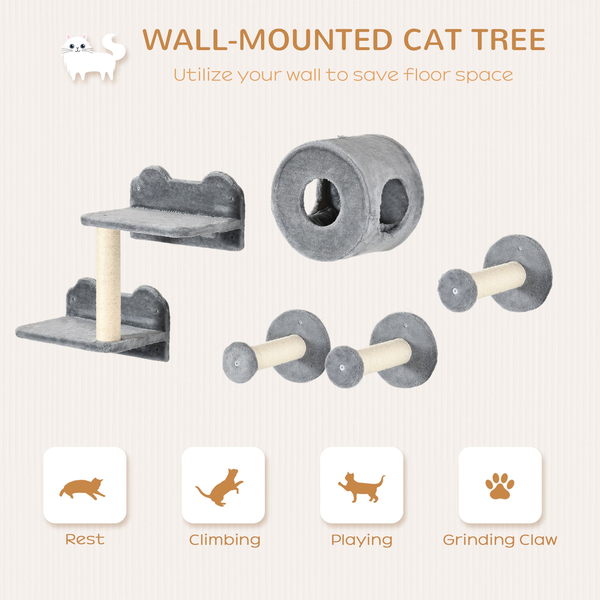PawHut 5PCs Cat Wall Furniture with Perch, Cat House, Scratching Post - North Peak Garden Furniture