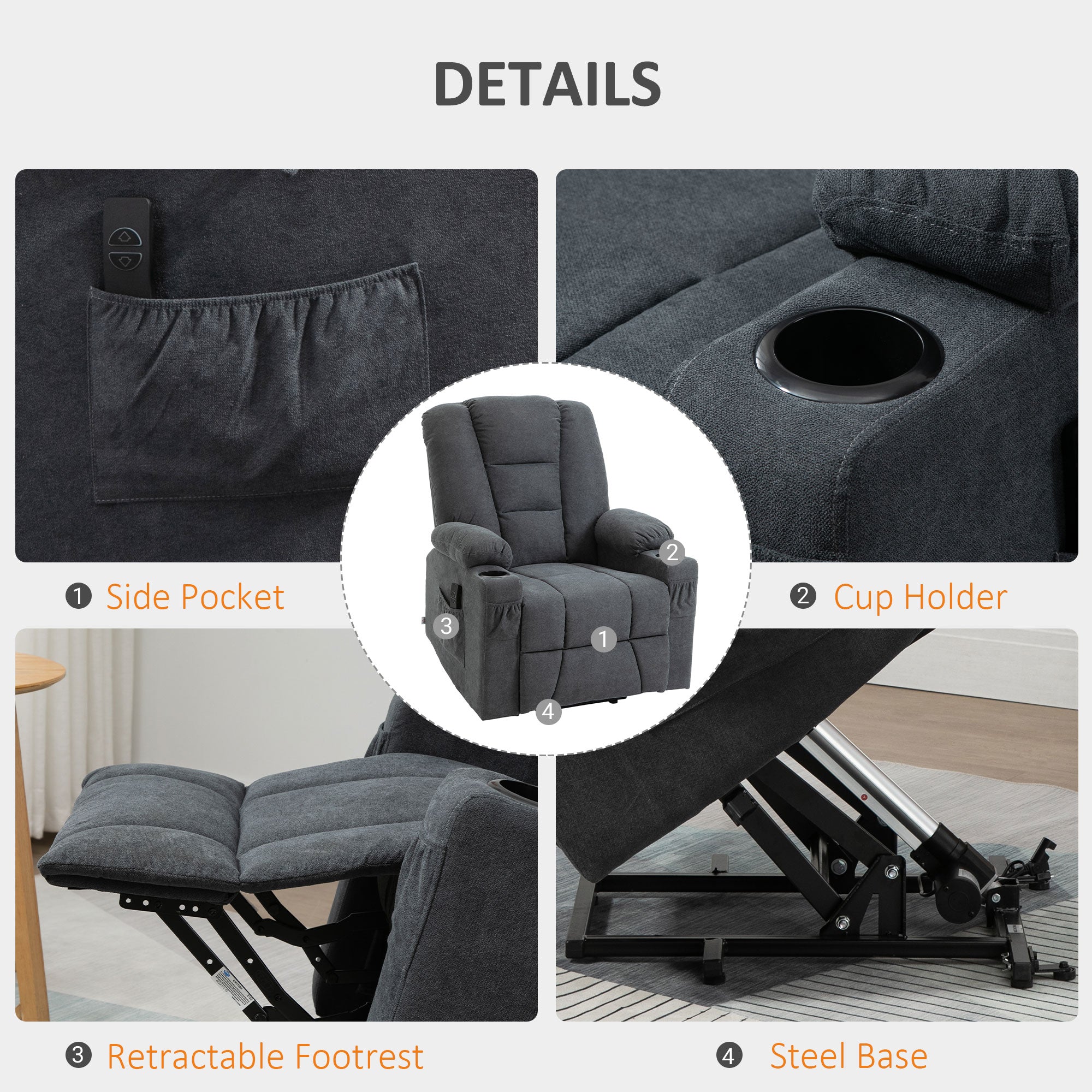 HOMCOM Oversized Riser and Recliner Chairs for the Elderly, Fabric Upholstered Lift Chair for Living Room with Remote Control, Side Pockets, Cup Holder, Charcoal Grey - North Peak Garden Furniture