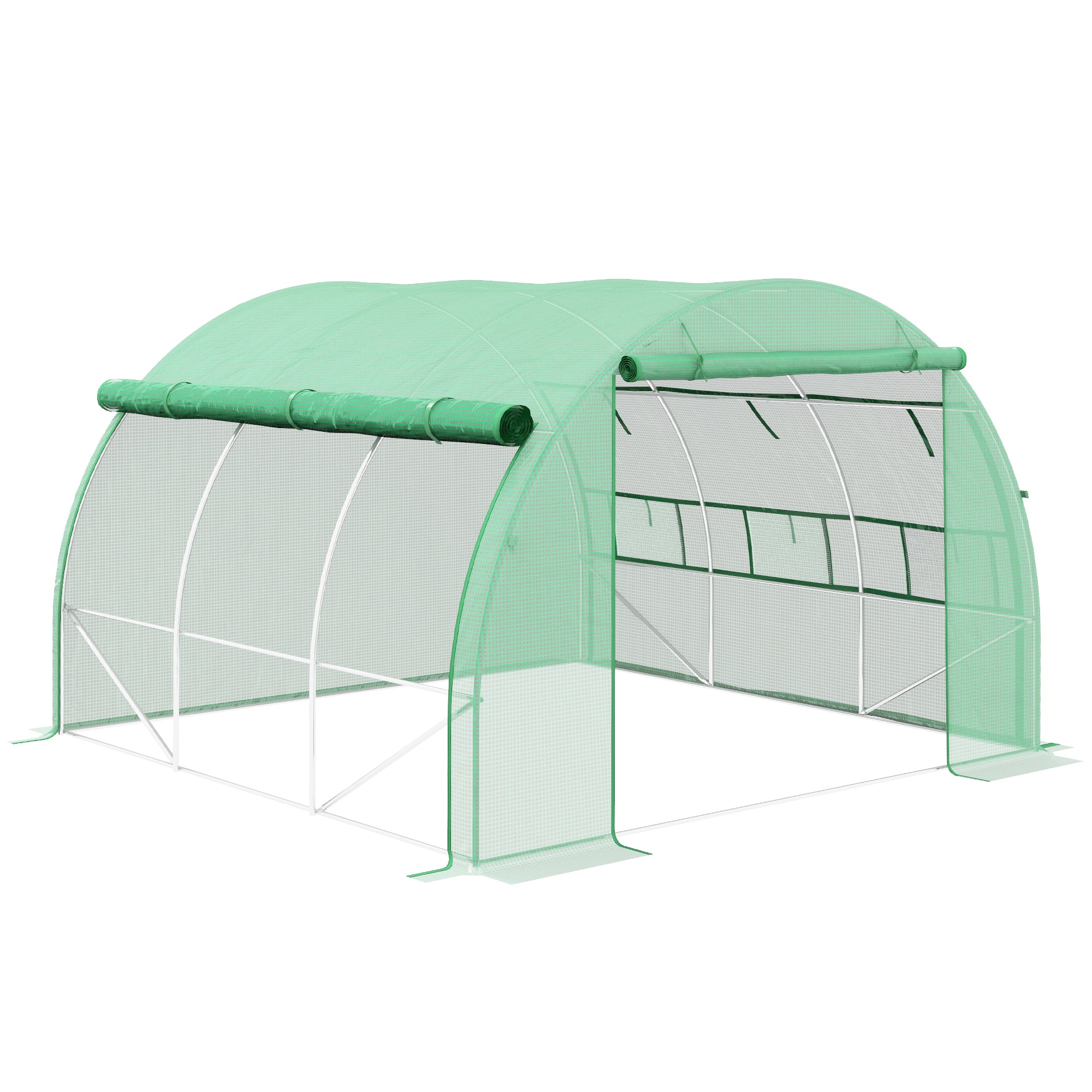 Outsunny Polytunnel Greenhouse Walk-in Grow House Tent with Roll-up Sidewalls, Zipped Door and 6 Windows, 3x3x2m Green - North Peak Garden Furniture