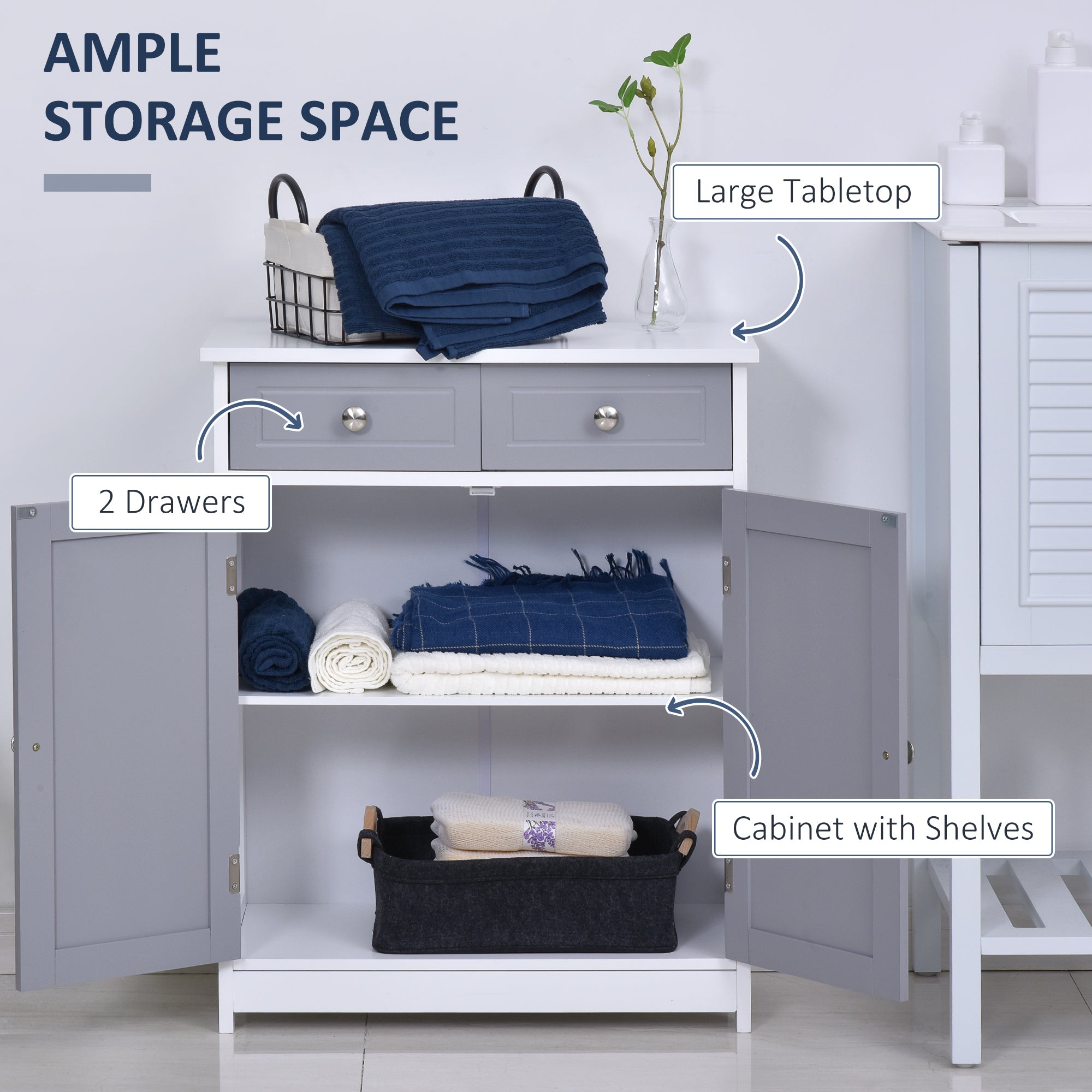kleankin 75x60cm Freestanding Bathroom Storage Cabinet Unit w/ 2 Drawers Cupboard Adjustable Shelf Metal Handles Traditional Style Grey White - North Peak Garden Furniture